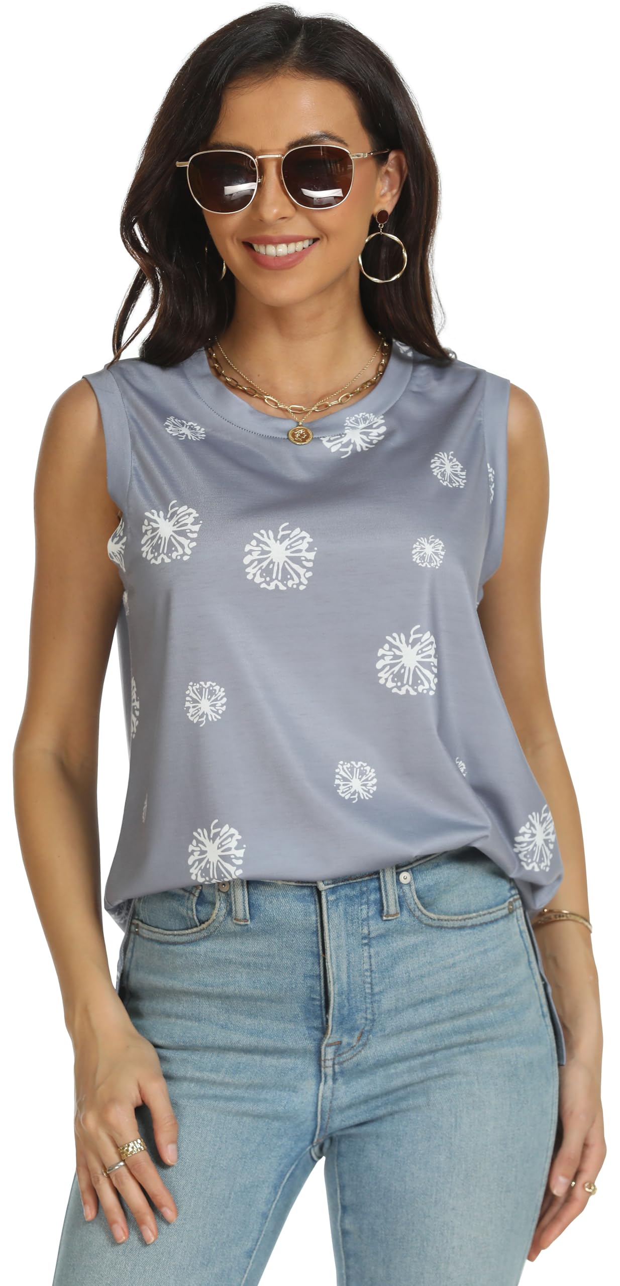 Rosemia Women's Summer Tank Tops - Casual Crewneck Sleeveless Blouse, Flowy Loose Fit Shirt for Beach, Vacation & Everyday Wear