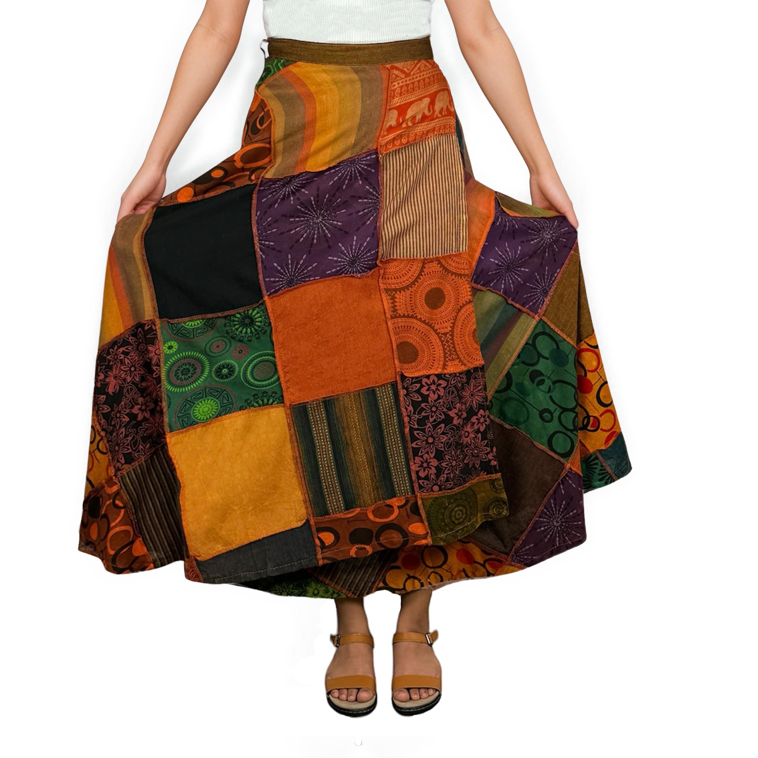 Boho Maxi Skirt for Women - 2025 Spring & Fall High Waisted Long Skirt with Patchwork & Tie-Up Design | Perfect for Beach Cover Up, Music Festivals & Bohemian Style Outfits