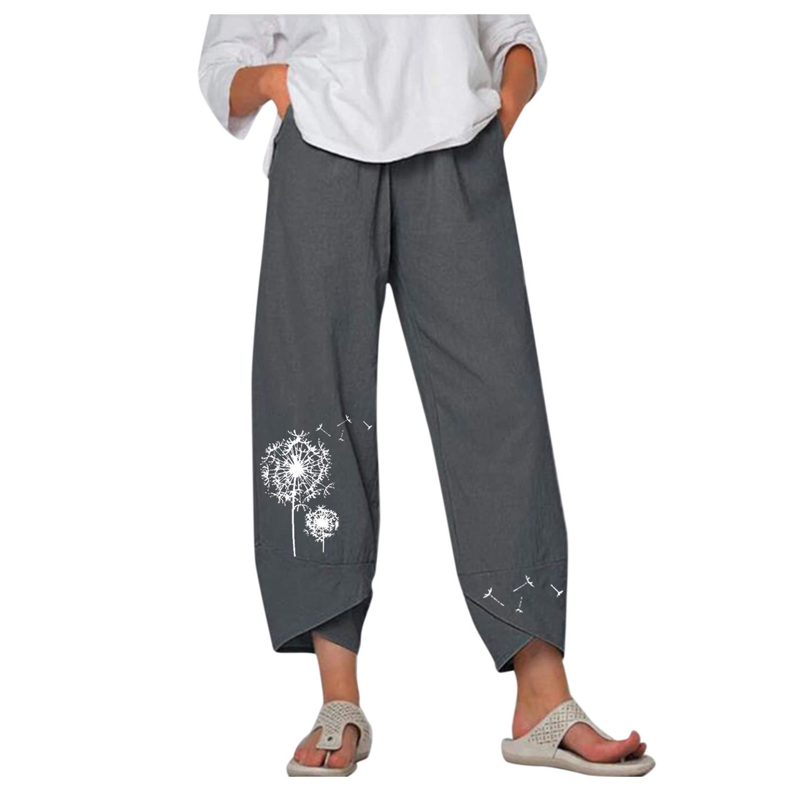 Women's Floral Print Linen Wide Waist Elastic Pants - Comfortable High Waisted Casual Trousers for Summer, Travel & Everyday Wear