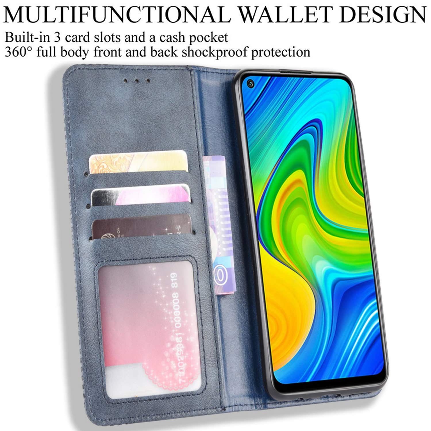Xiaomi Redmi Note 9 Phone Case - Retro PU Leather Shockproof Wallet Flip Cover with Card Slots & Magnetic Closure | Perfect for Daily Use, Travel & Business (Blue)