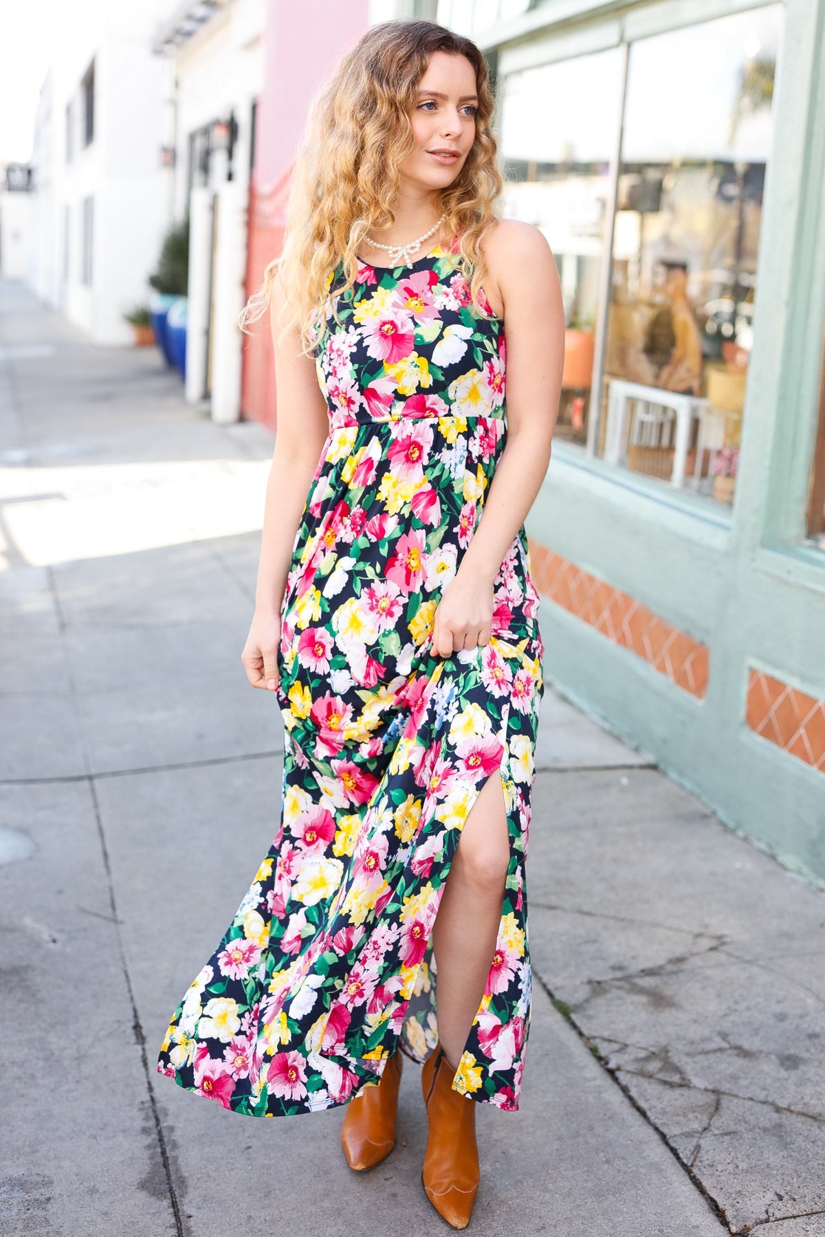 Easy Living Navy Floral Sleeveless Maxi Dress for Women - Summer Beach Vacation, Boho Chic Wedding Guest Outfit, Casual Party Dress