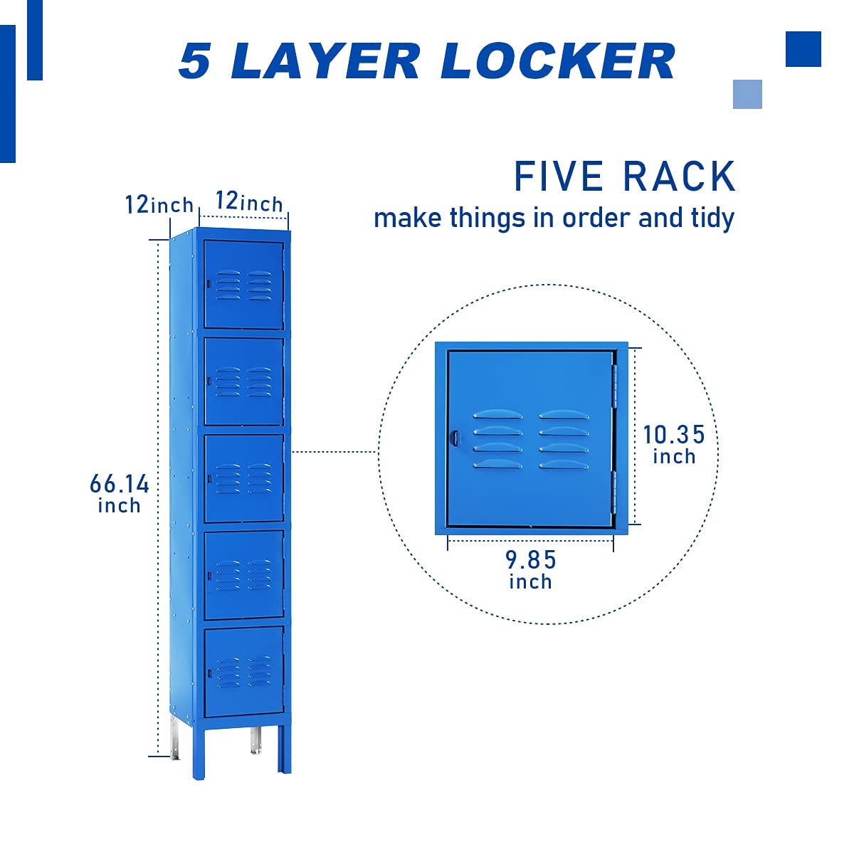 5-Tier Metal Locker Cabinet with 5 Doors - Heavy Duty Steel Storage for School, Gym, Home & Office Organization - Blue (Ideal for Sports Equipment, Books & Personal Belongings Storage)