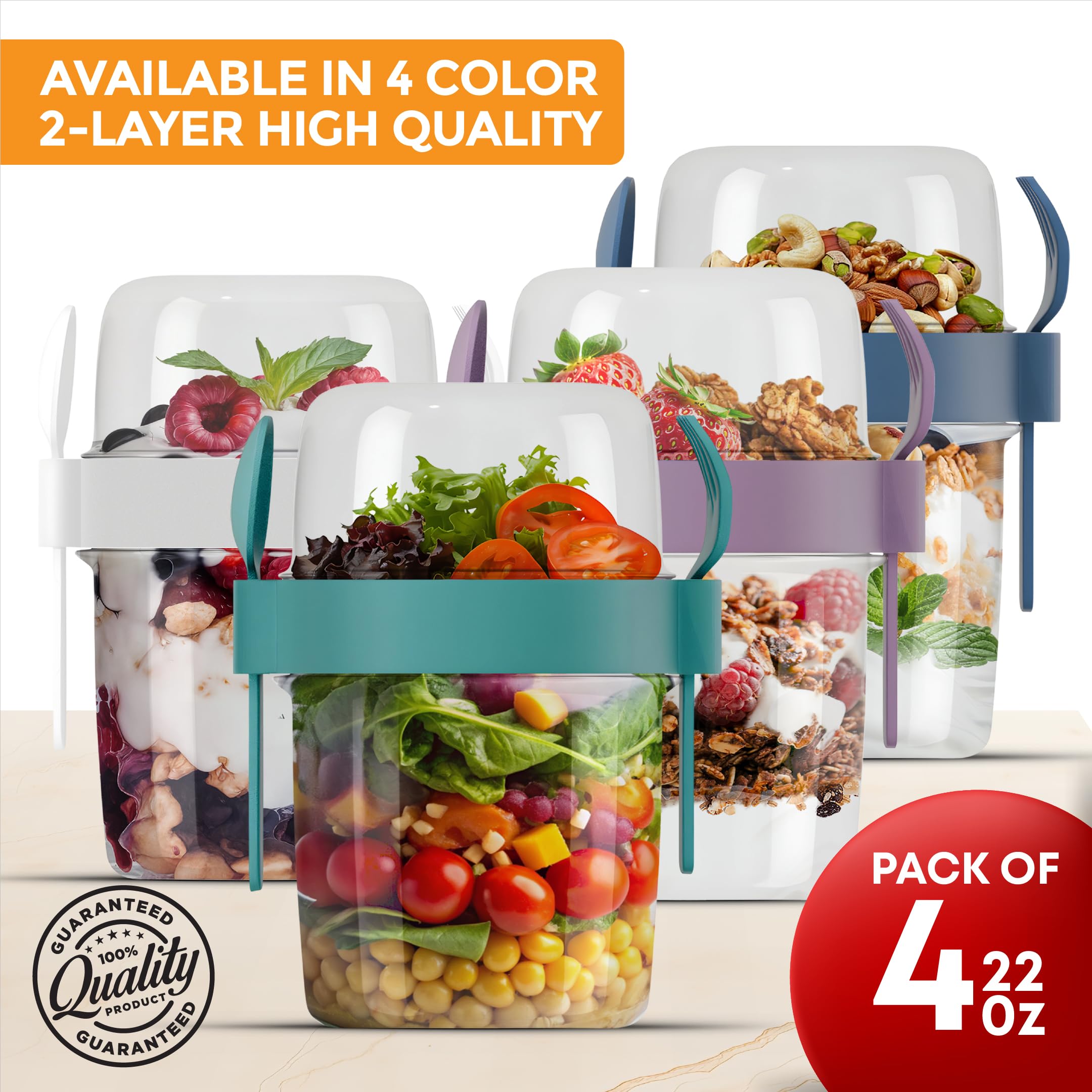 4-Pack Reusable Yogurt Parfait Cups with Lids & Spoons - 22oz (650ml) Portable Breakfast Containers for Oatmeal, Fruit & Toppings - Perfect for Meal Prep, Office Lunch & On-the-Go Snacks - BPA-Free Plastic Food Storage Containers