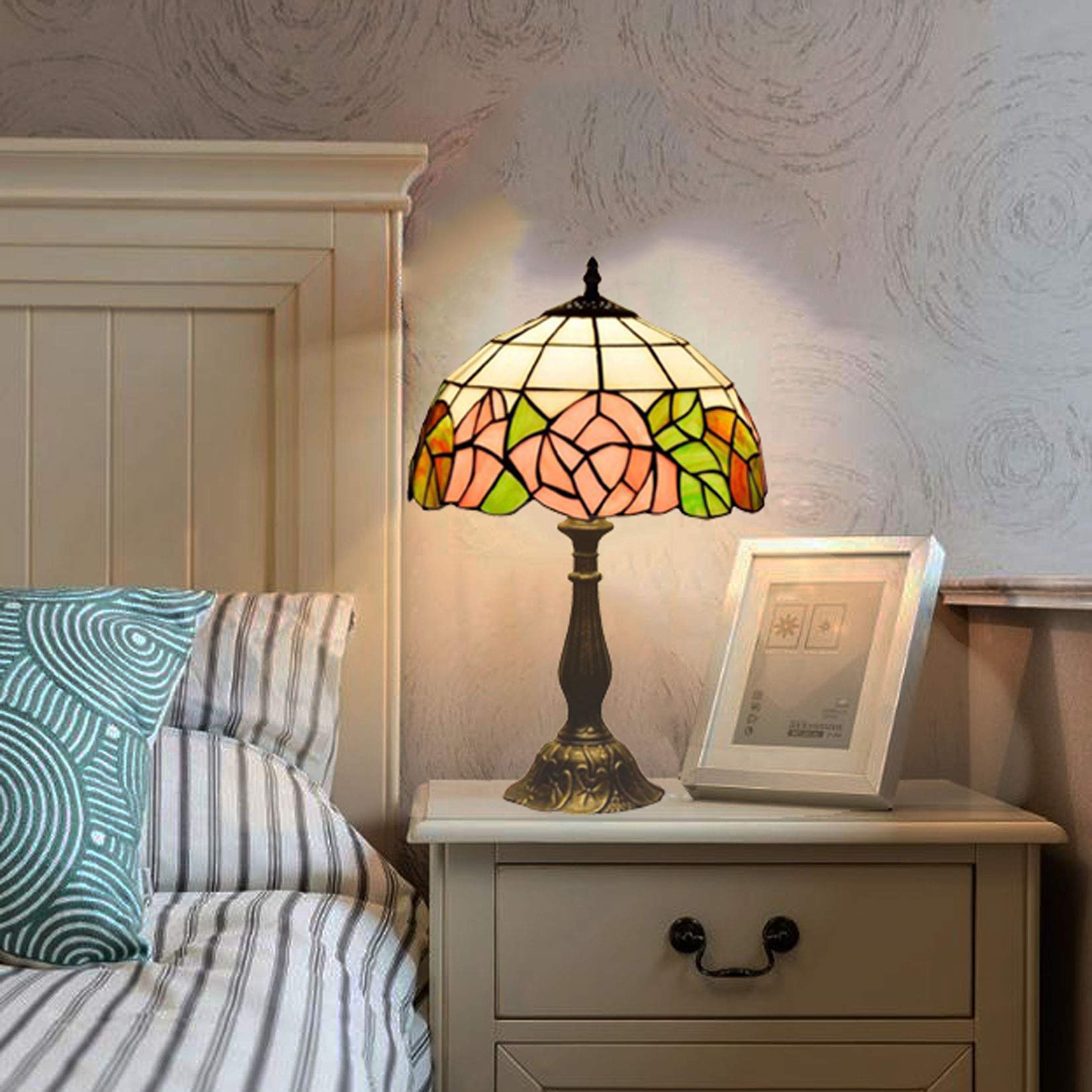 Tiffany Style Rose Flower Table Lamp - 12 Inch White Handmade Stained Glass Lamp Shade, Antique Decorative Desk Light for Living Room, Bedroom, Office | Perfect for Home Decor, Reading Nook & Gift Giving