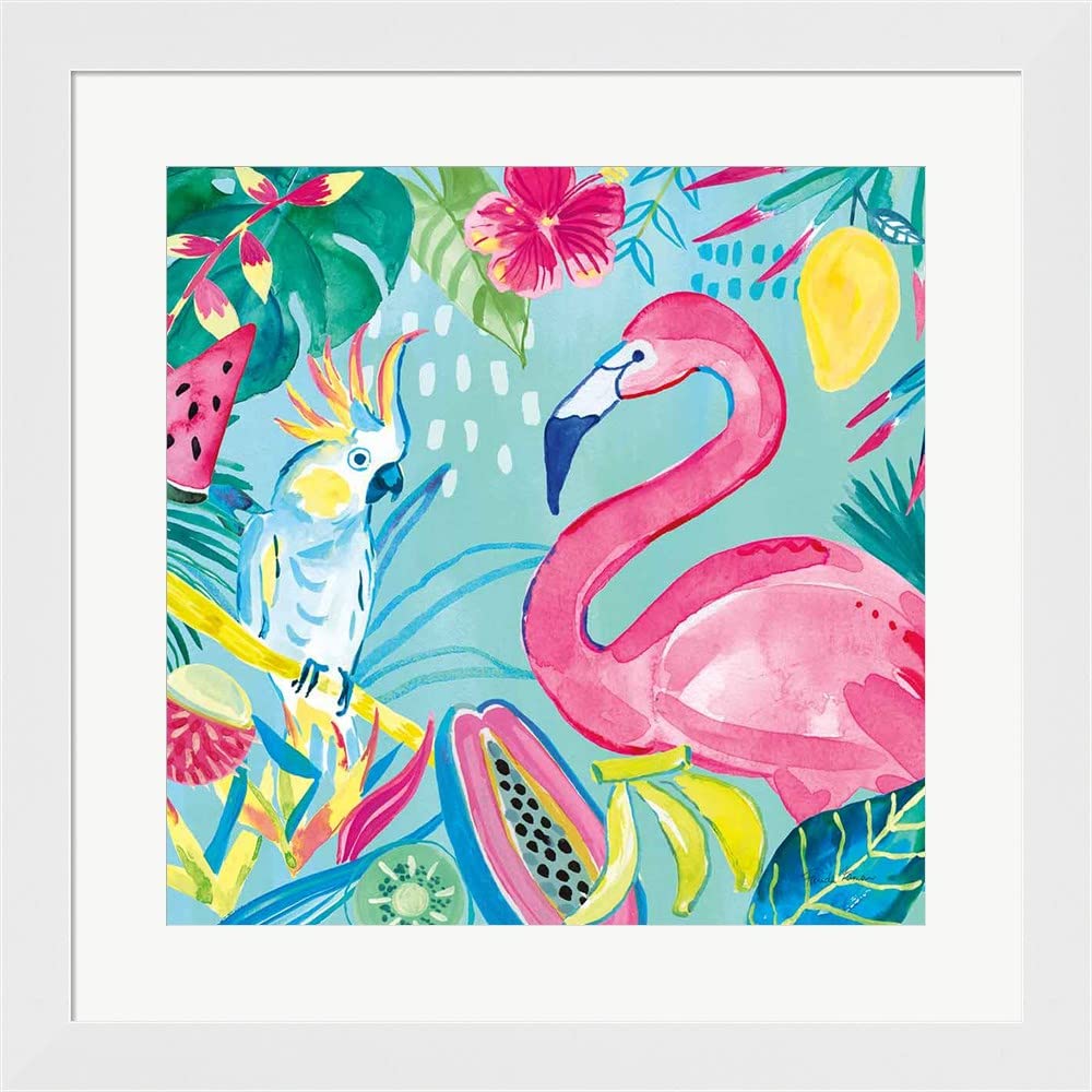 Fruity Flamingos III by Farida Zaman - Framed Wall Art Print with White Flat Frame, 20x20 Inches - Perfect for Living Room, Bedroom & Office Decor