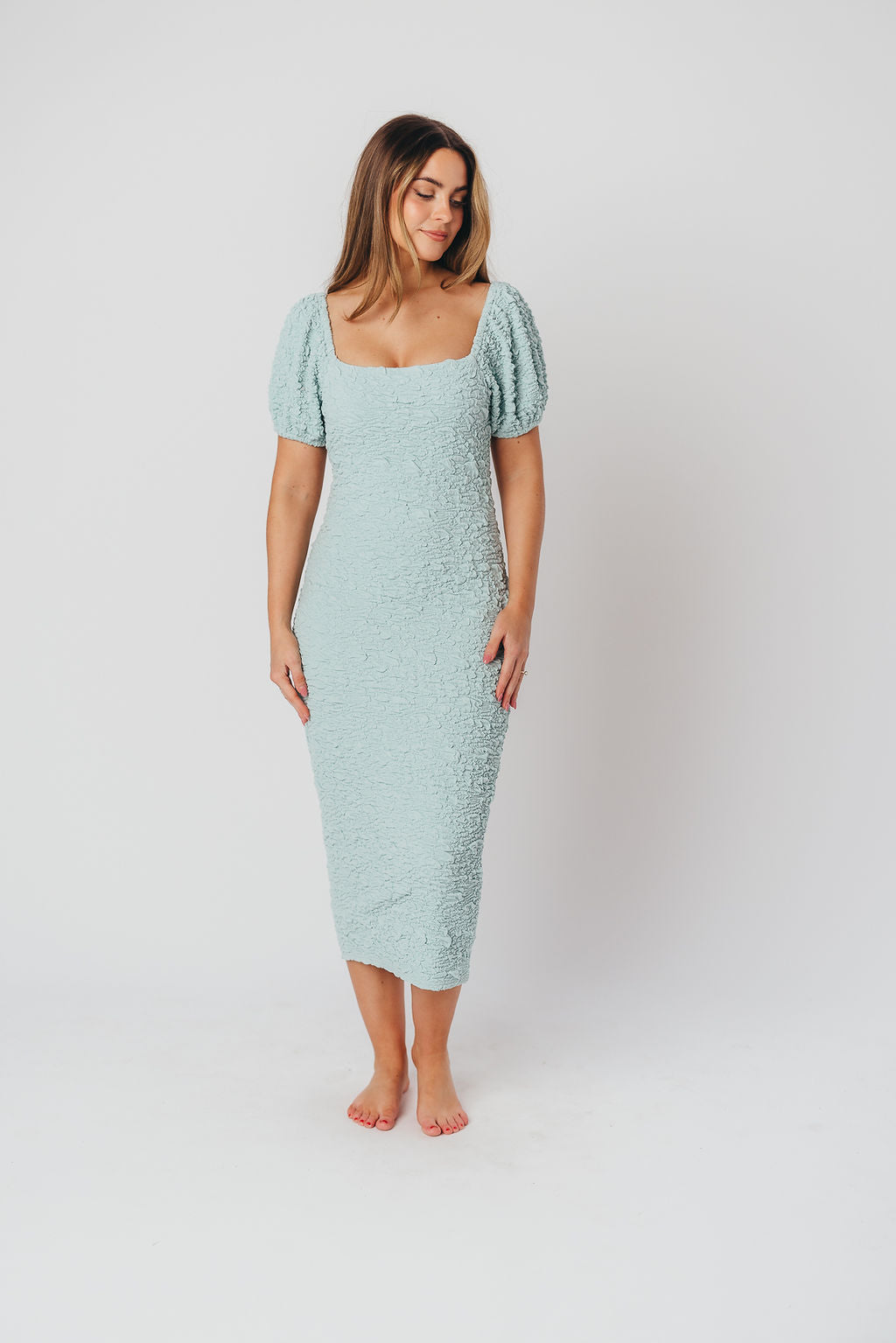 Blakeley Textured Midi Dress - Seafoam Green Bump Friendly Maternity Dress for Women | Perfect for Baby Showers, Maternity Photos & Everyday Wear