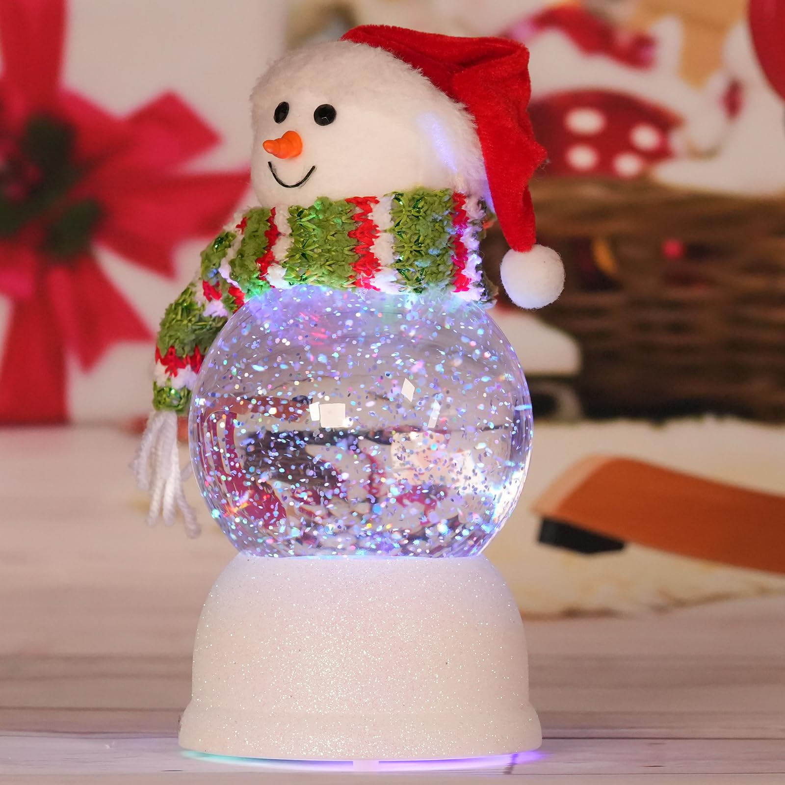 LED Musical Snow Globe Lantern with Timer - Acrylic Lighted Christmas Snowman Figurine with Swirling Glitter & Santa Hat | Indoor Holiday Decor for Christmas Tree, Mantel & Tabletop Displays