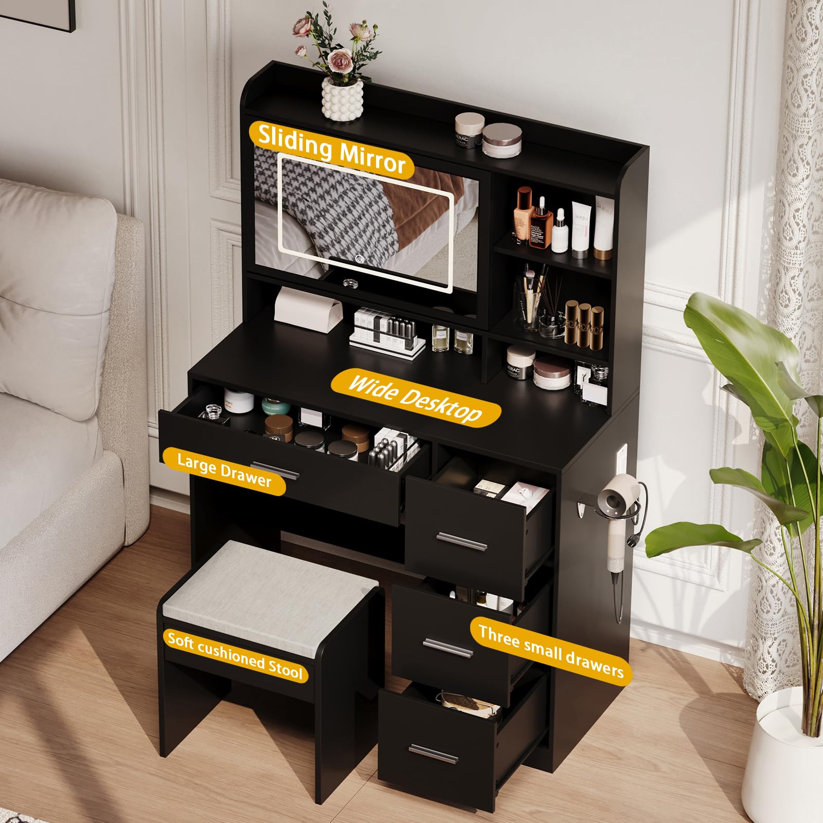 Vanity Desk with Mirror & LED Lights, Adjustable Lighting Modes, Power Outlet & Storage Drawers - Elegant Dressing Table with Stool for Bedroom, Makeup & Beauty (Black) | Perfect for Home Decor, Cosmetics Organization & Vanity Setup