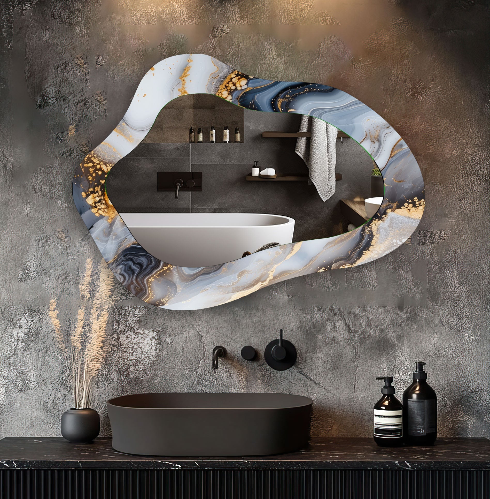 Handmade Asymmetrical Grey Alcohol Ink Wall Mirror - Unique Home Decor for Living Room, Bedroom, or Bathroom - Modern Abstract Art Piece for Wall Hanging