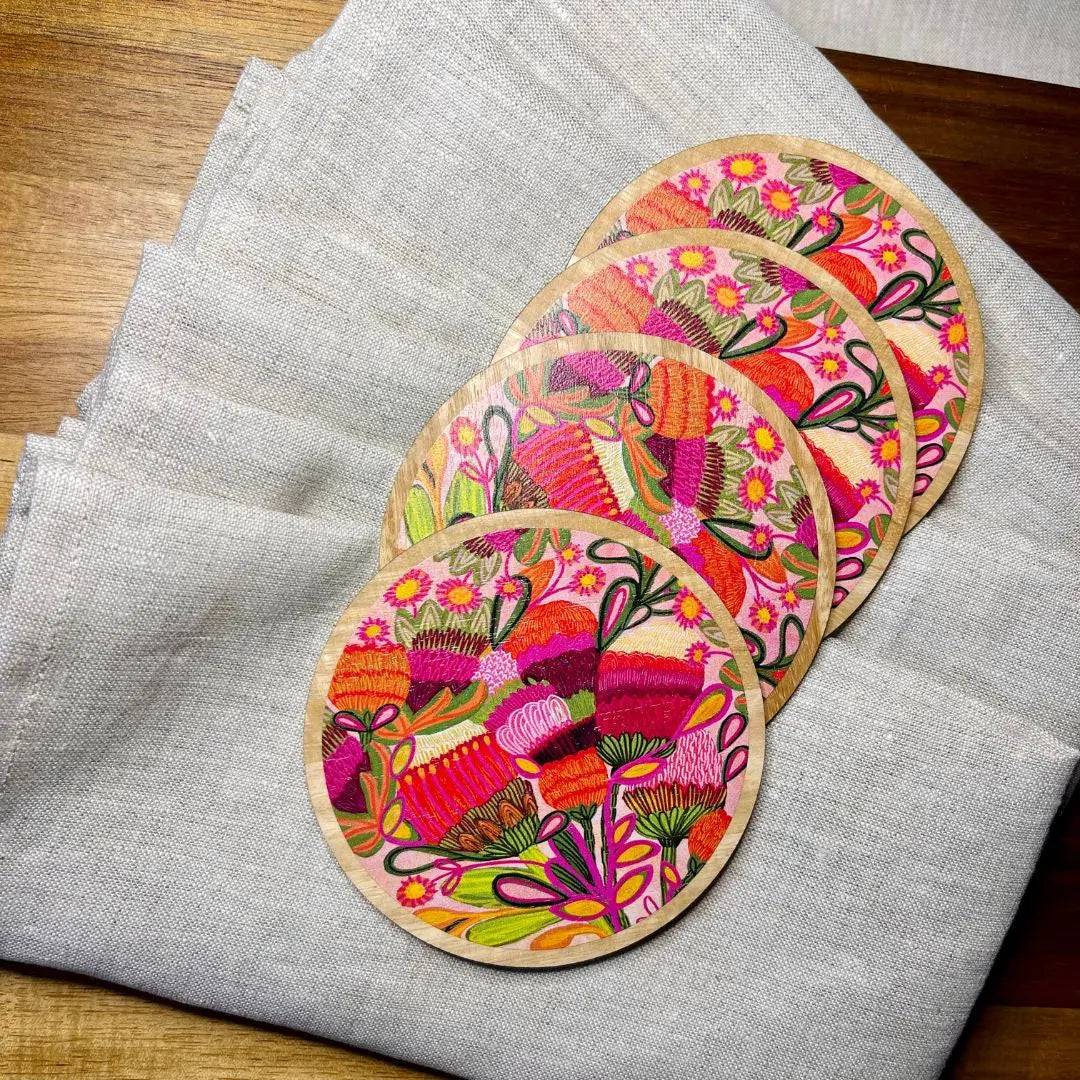 Wild Blooms Wooden Coasters and Napkin Set - 4-Piece Natural Wood Drink Coasters with Matching Napkins for Home, Kitchen, Dining Table, and Party Decor
