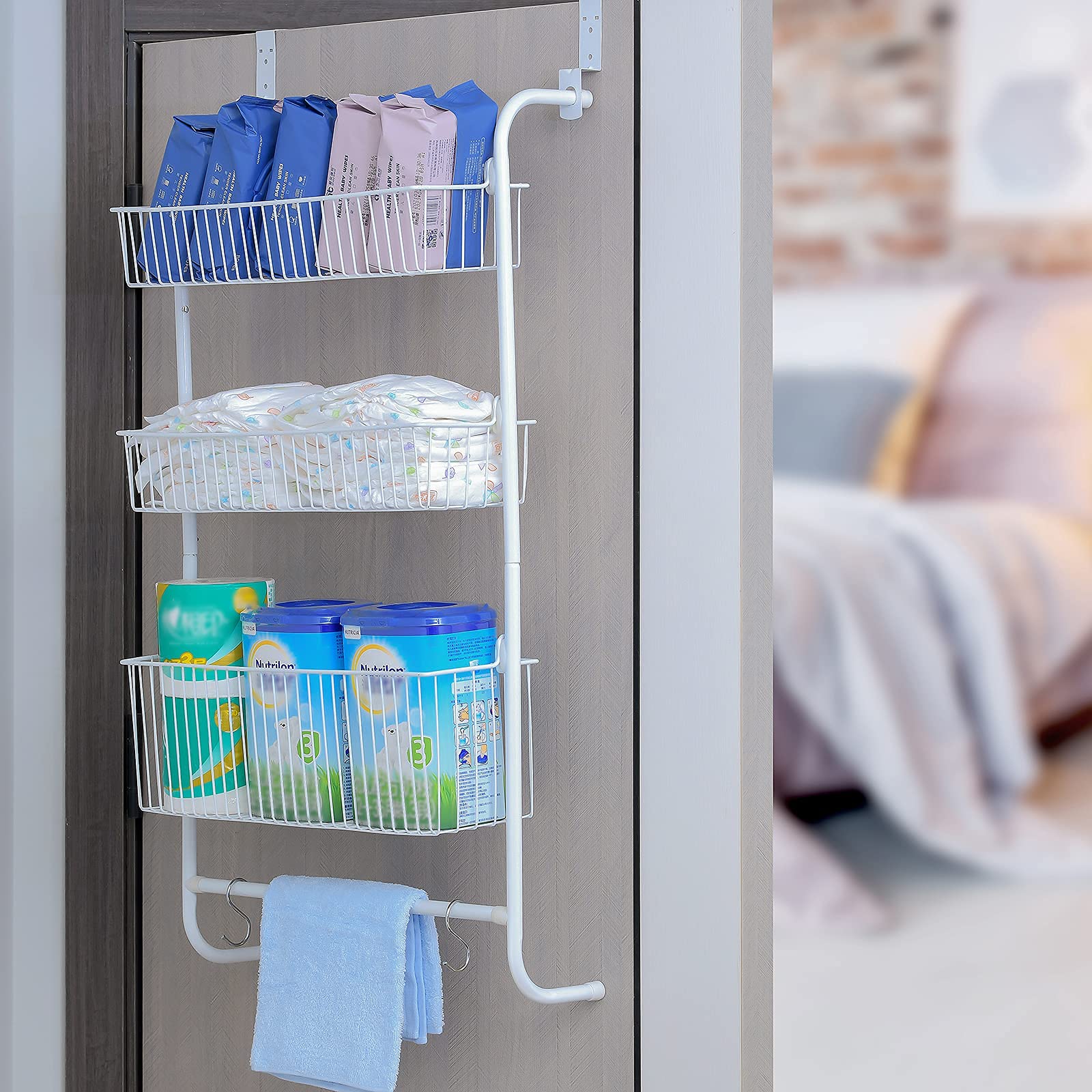 Heavy Duty 3-Tier Over The Door Hanging Organizer - Wire Storage Basket with Hooks & Napkin Holder for Pantry, Spice Rack, Towel Rack - Perfect for Bathroom, Kitchen & Craft Room Organization (White)
