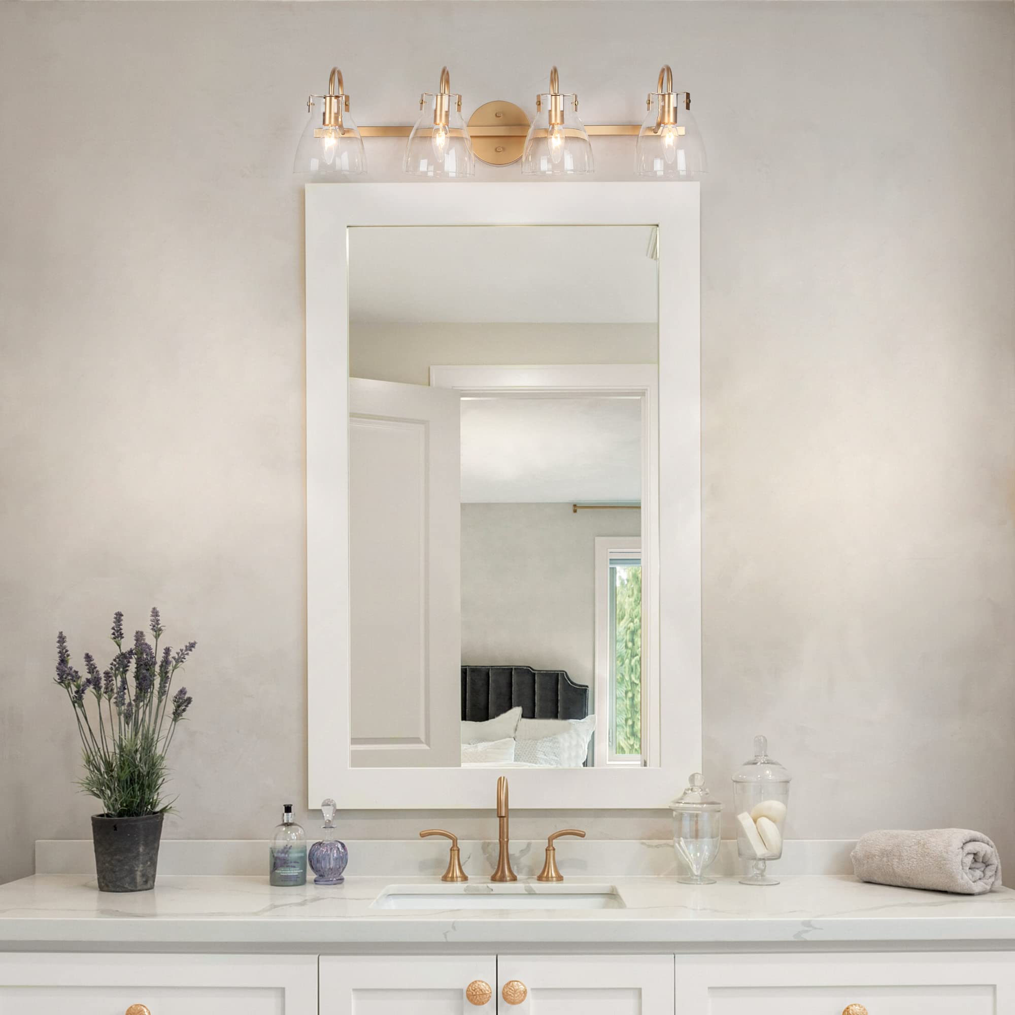 KSANA Gold Vanity Lights - 4 Light Bathroom Mirror Lighting with Clear Glass Shades for Modern Bathrooms