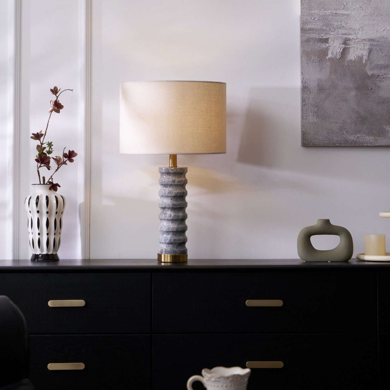 Rivara Modern Stone Table Lamp - Natural Stone Base with Fabric Shade for Bedroom, Living Room, and Office Decor