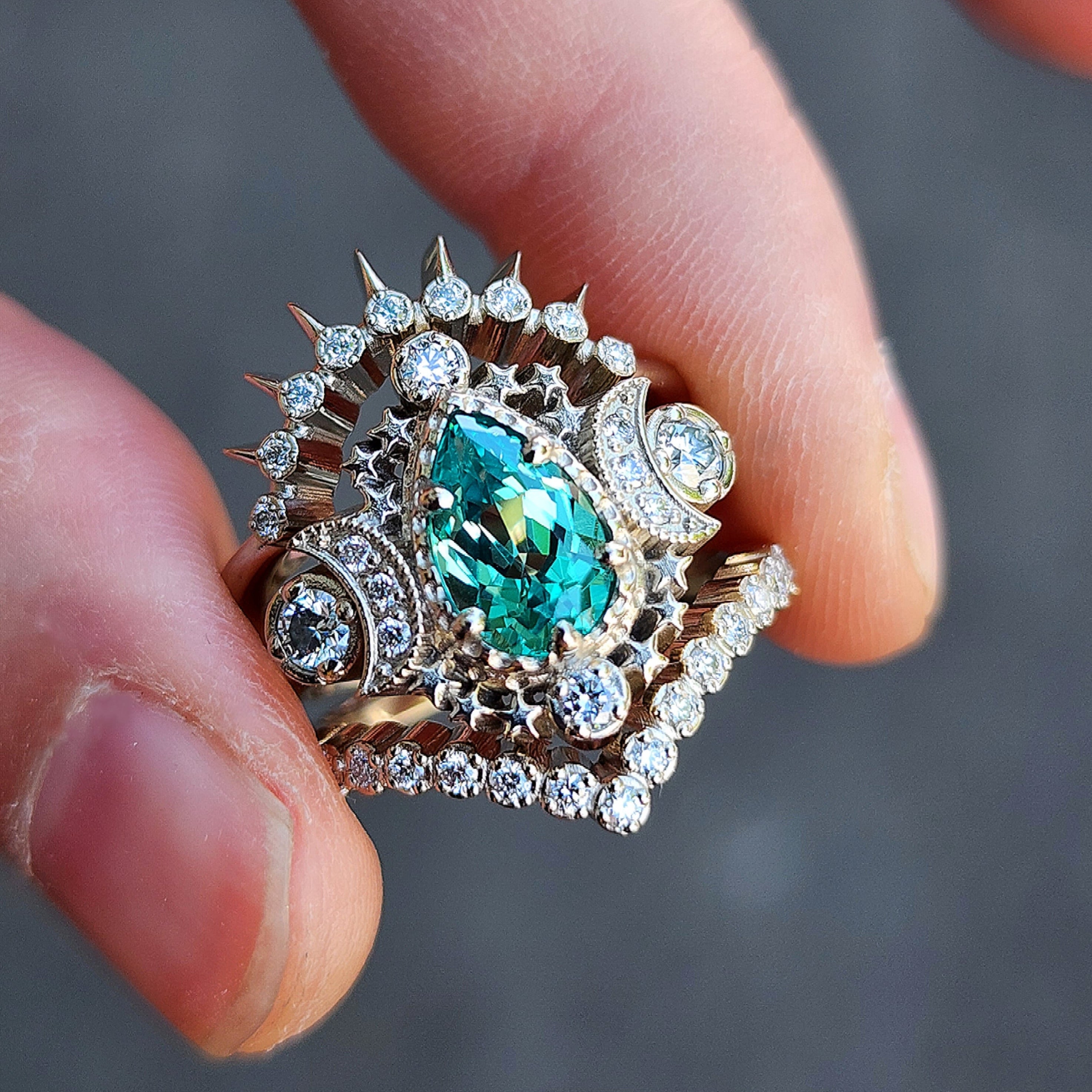 Chatham Chrysoberyl Pear Engagement Ring Set with Sunray & Pave Diamond Wedding Band | Size 6-8 | 14K White, Rose or Yellow Gold | Ready to Ship | Perfect for Proposals, Anniversaries & Romantic Occasions