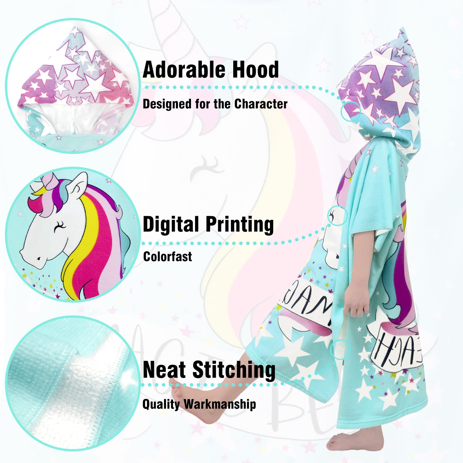 Unicorn Aqua Hooded Kids Beach Towels - Quick Dry Lightweight Soft Microfiber Poncho Towel 24x23 for Toddlers & Children Ages 1-6 | Swim Cover-ups for Boys & Girls | Perfect for Pool, Beach, Bath & Outdoor Activities