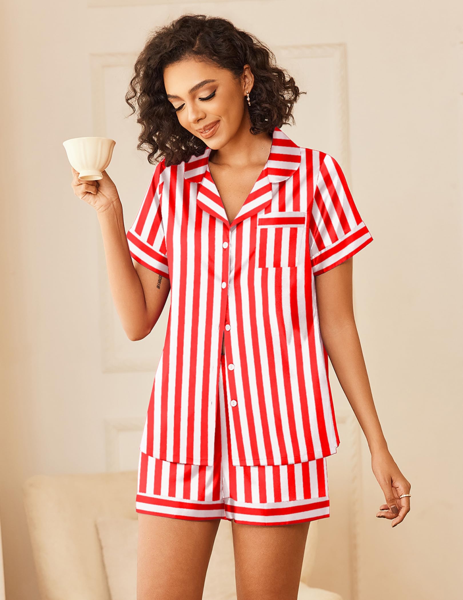 Ekouaer Women's Silk Satin Pajama Set - 2 Piece Short Sleeve Sleepwear with Button Down Top & Shorts - Comfortable Lounge Wear for Women Sizes S-XXL - Perfect for Sleeping, Relaxing at Home & Vacation Getaways