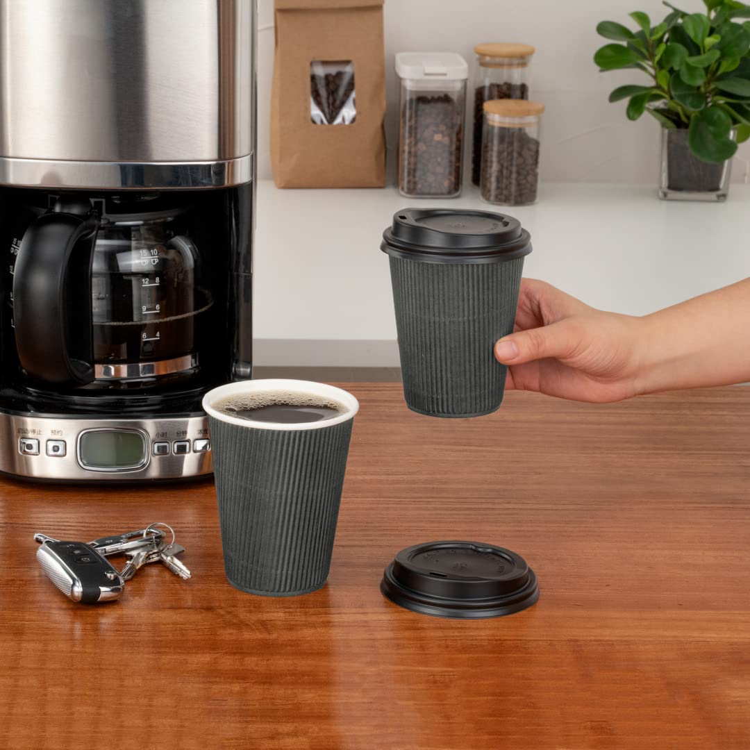 12oz Insulated Coffee Cups with Lids (200 Pack) - Leakproof & Non-Slip Gray Disposable Paper Cups for Hot Beverages - Perfect for Coffee, Tea, Hot Cocoa, and Lattes at Cafes, Offices, and Events