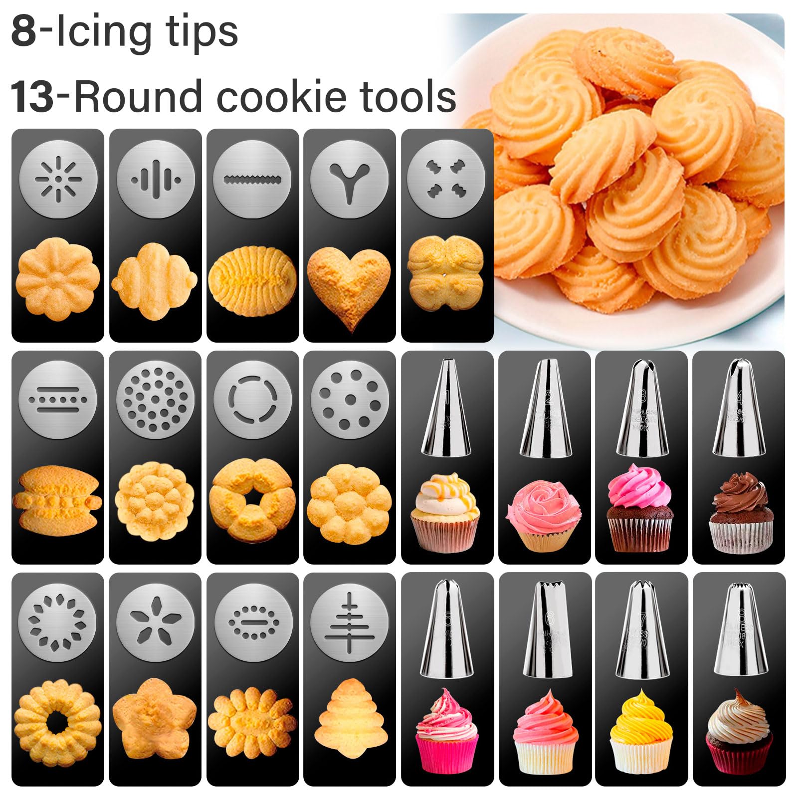 Premium Stainless Steel Cookie Press Gun Kit - 13 Press Discs, 8 Icing Tips & Cleaning Brush for Baking, Biscuit Making & Cake Decorating | Perfect for Christmas Cookies, Wedding Cakes & DIY Desserts (22x15x5.6cm)