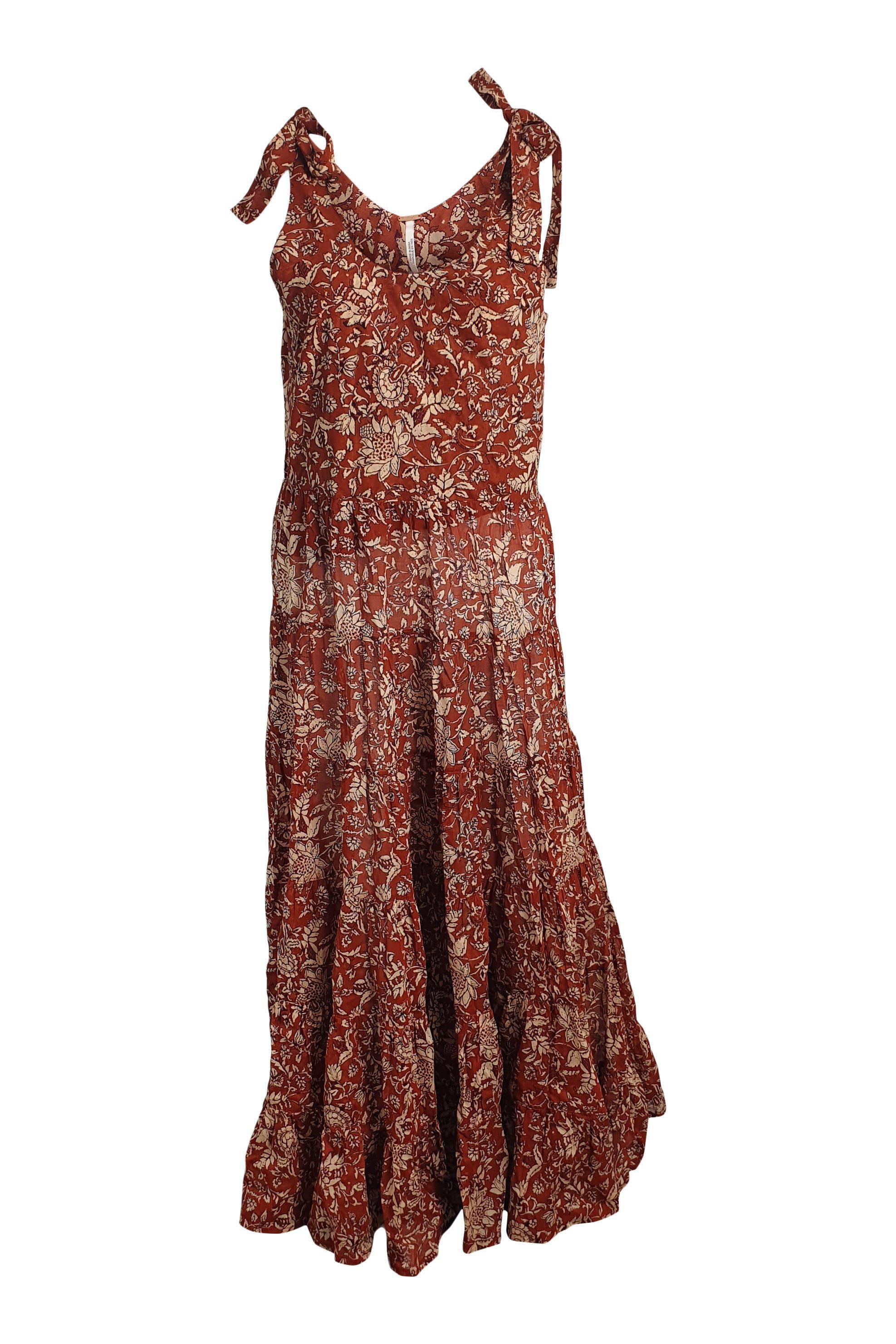 FREE PEOPLE 100% Cotton Brown Floral Print Maxi Dress for Women - Boho Chic Summer Beach Dress, Casual Sundress for Vacations & Outdoor Parties (Size M)
