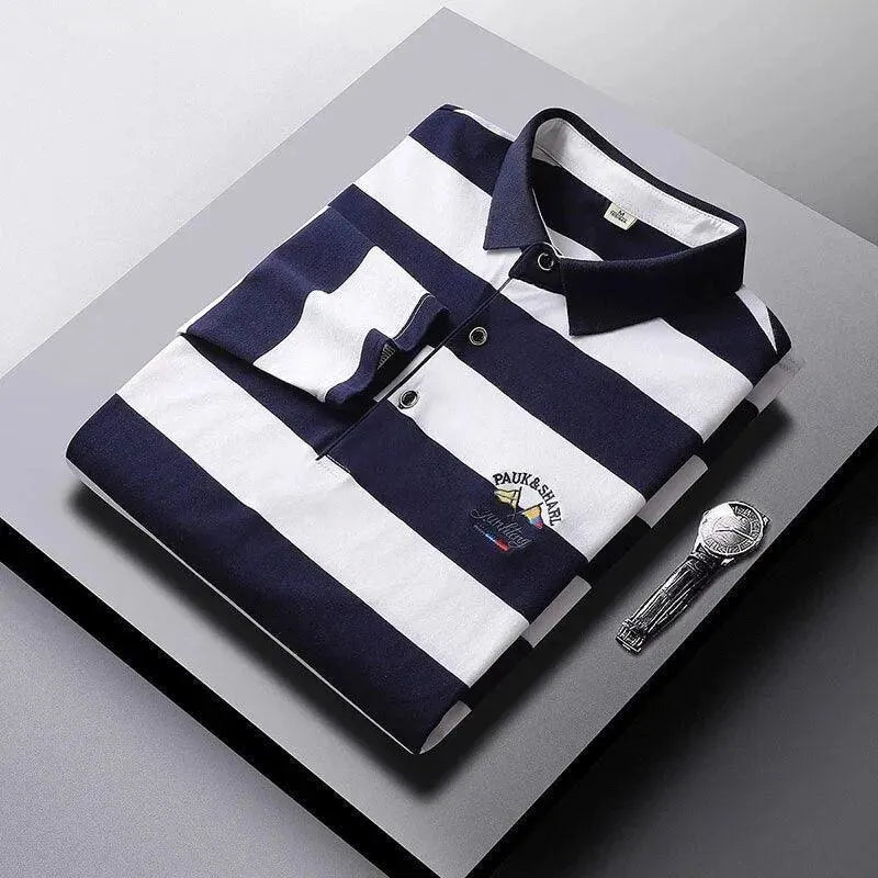 Men's Cotton Embroidered Striped Polo Shirt - Casual Short Sleeve Button Down Top for Golf, Work & Summer Outfits