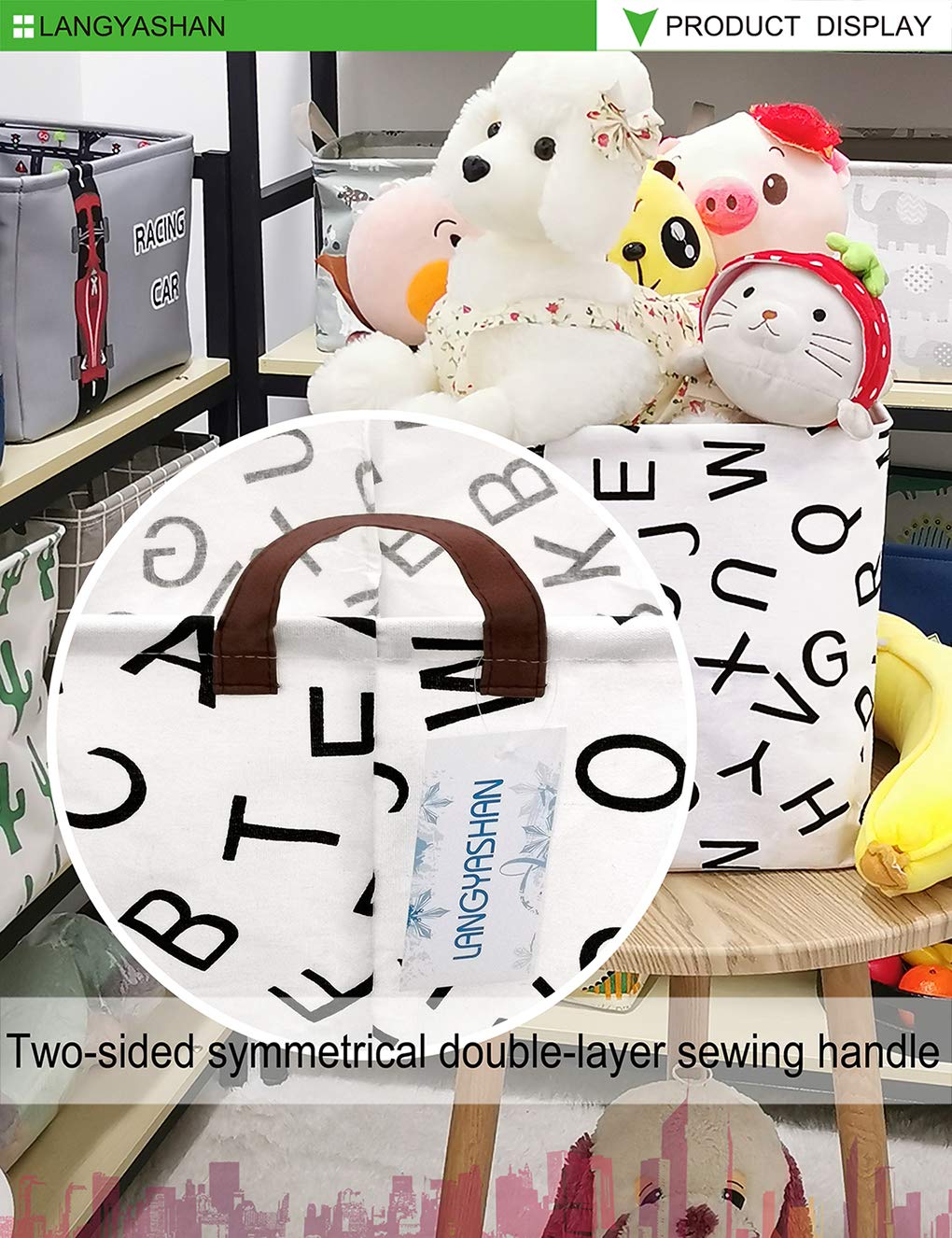 LANGYASHAN Square Storage Baskets - Waterproof Canvas Laundry Hamper for Kids, Nursery Toy Organizer & Room Decor - Perfect for Shelves, Closet Organization & Gift Baskets (Alphabet Pattern) - Ideal for Baby Room, Playroom & Home Storage Solutions