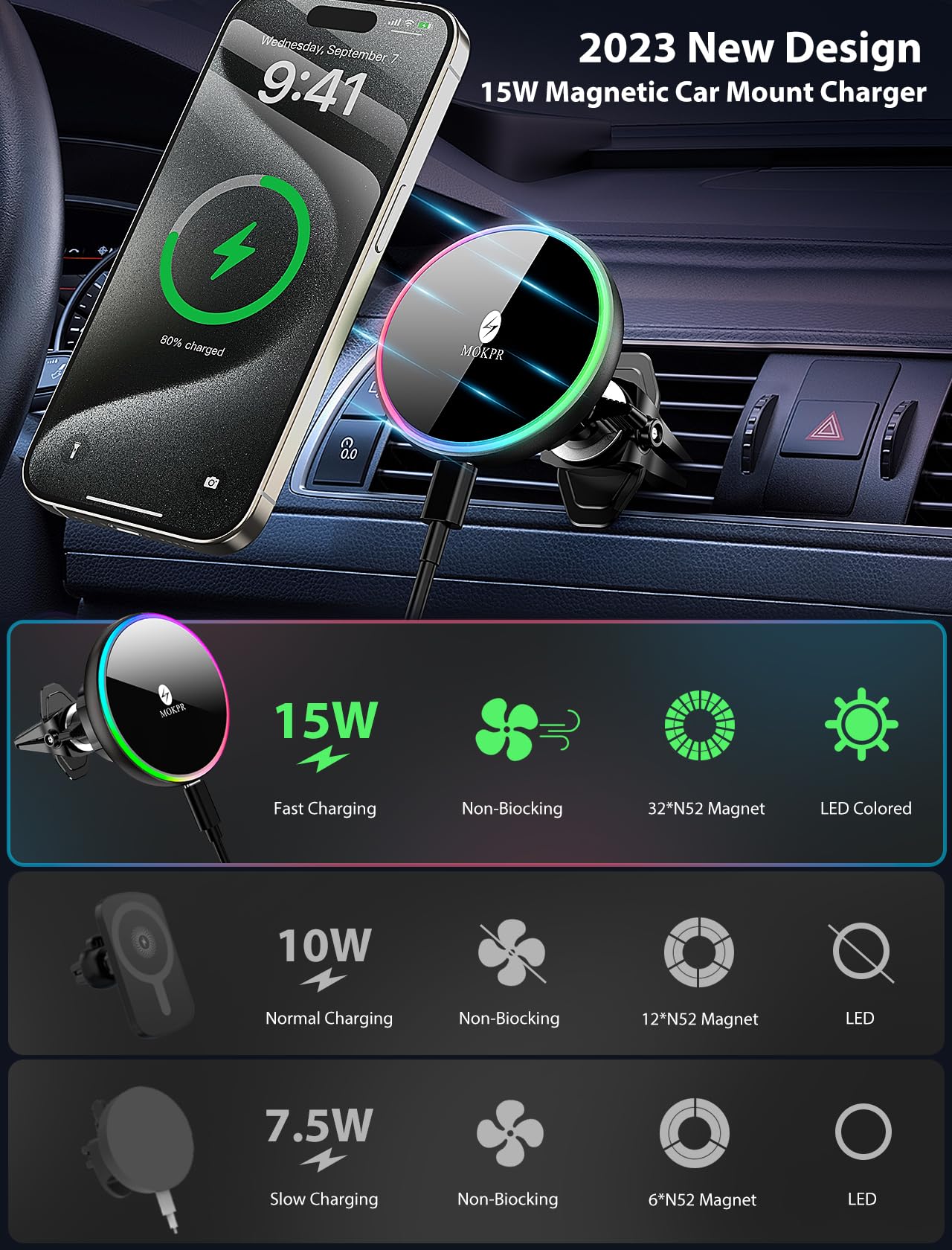 MOKPR 15W MagSafe Car Mount Charger - Magnetic Wireless Car Phone Holder for iPhone 14/13/12 - Fast Charging with RGB LED - Compatible with Dashboard & Air Vent - Perfect for Road Trips & Hands-Free Driving