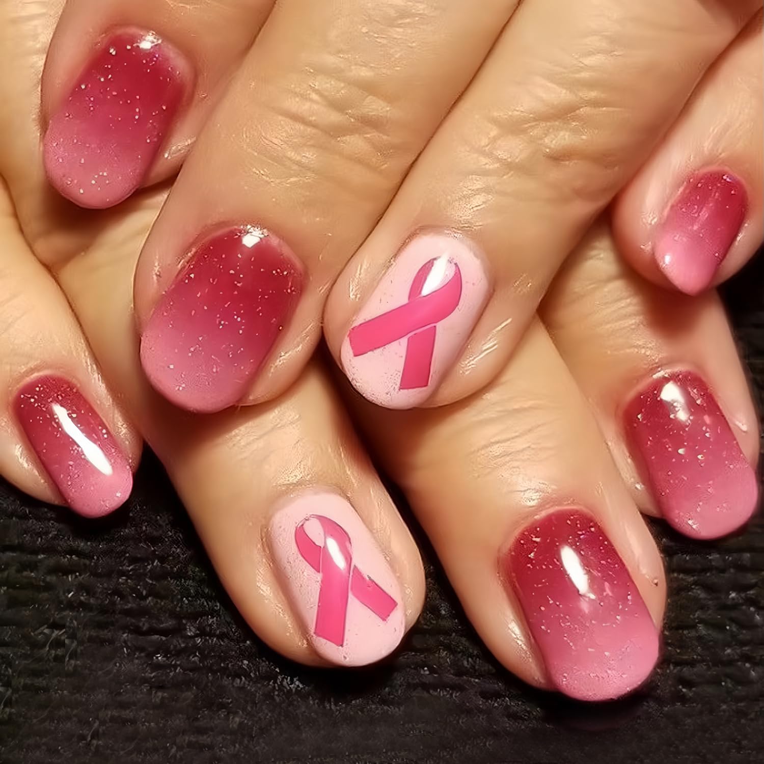24 Pcs Pink Ribbon Press-On Nails - Short Square Fake Nails with Gradient Design, Breast Cancer Awareness Nail Art Set for Women & Girls | Perfect for Holidays, Fundraisers & Everyday Wear