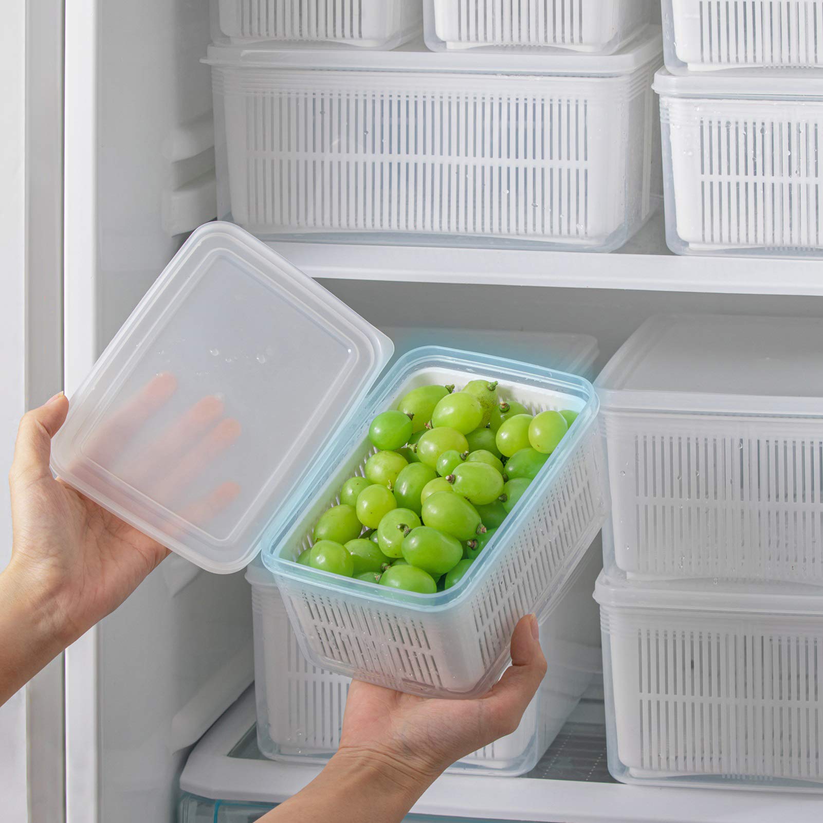 1.5L MOPMS Vegetable & Fruit Storage Containers with Strainer - Refrigerator Colander, Crisper Bin for Fresh Produce Drainage | Ideal for Berries, Salad Greens & Kitchen Organization