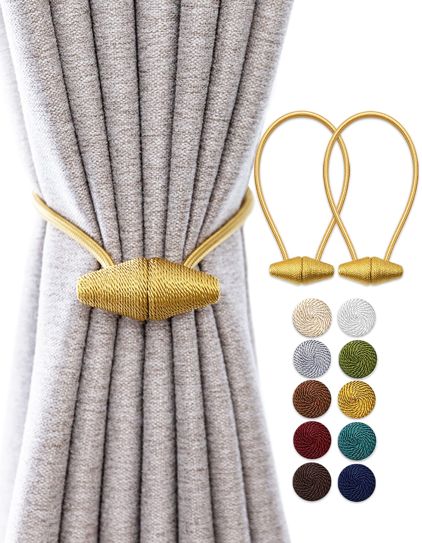 Upgraded Magnetic Curtain Tiebacks - 2 Pack 16 Inch Stronger Hold Drapery Holdbacks with Larger Magnets for Indoor & Outdoor Use (Gold) - Perfect for Living Room, Bedroom Windows and Patio Doors