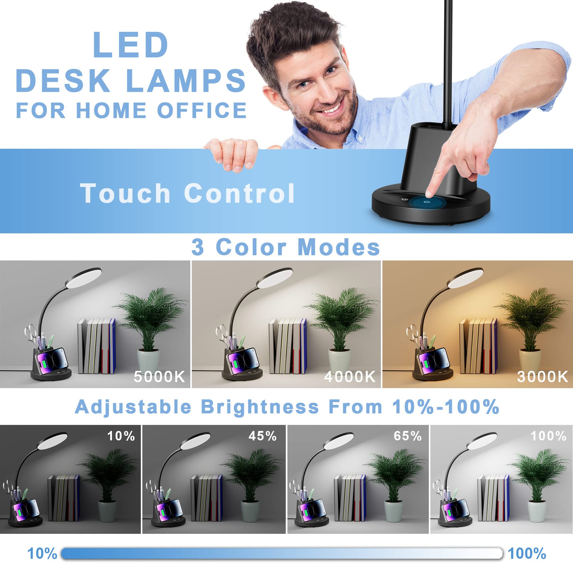 Sailstar LED Desk Lamp with Wireless Charger & Pen Holder - 800 Lumens, 3 Modes Dimmable Gooseneck Touch Light for Home Office, College Dorm Room - Perfect for Studying, Reading & Nightstand Use (Black)