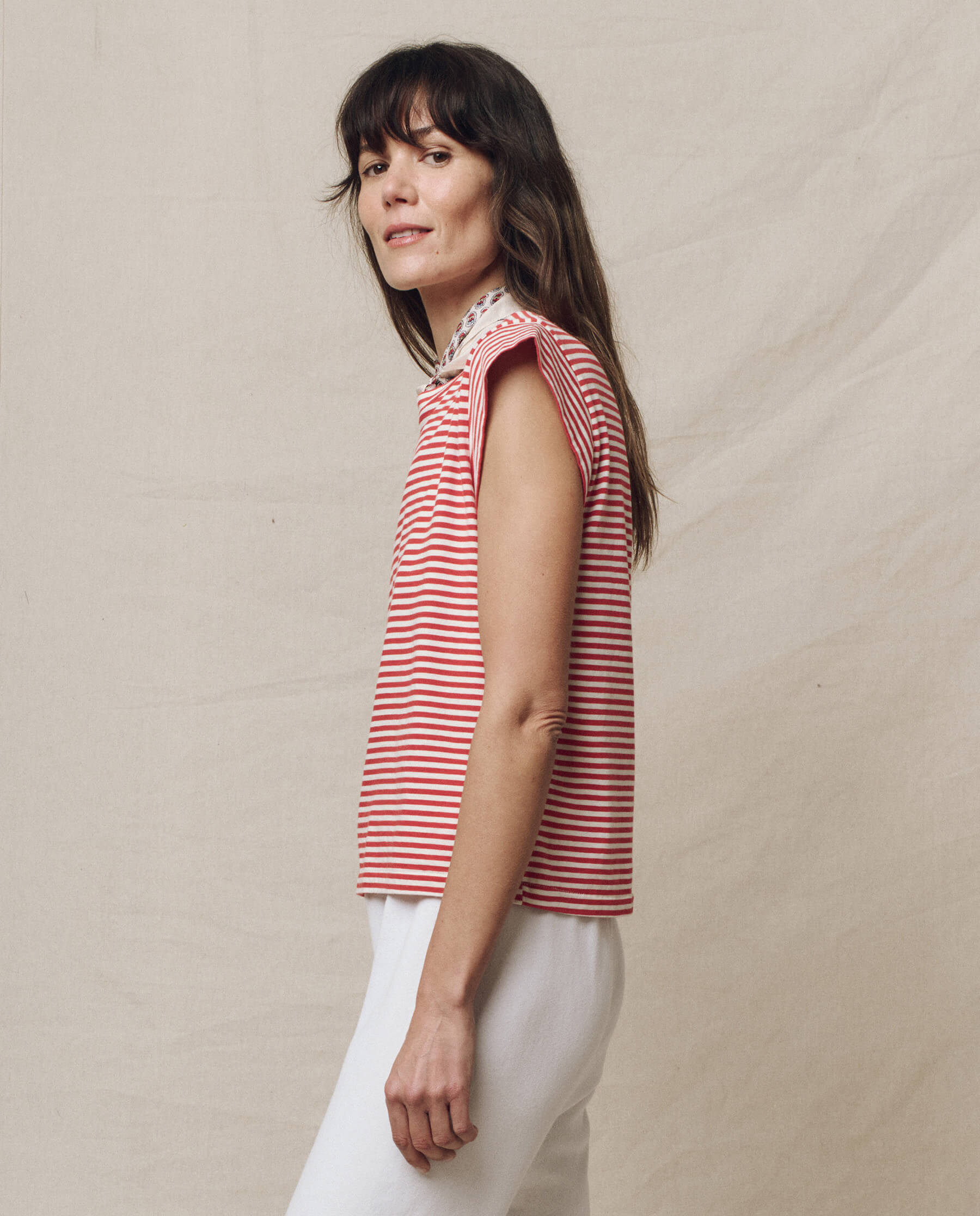 Peak Shoulder Tee - Sun Cherry Stripe Women's Casual T-Shirt | Soft Cotton Blend | Perfect for Summer Outings, Beach Vacations & Everyday Wear
