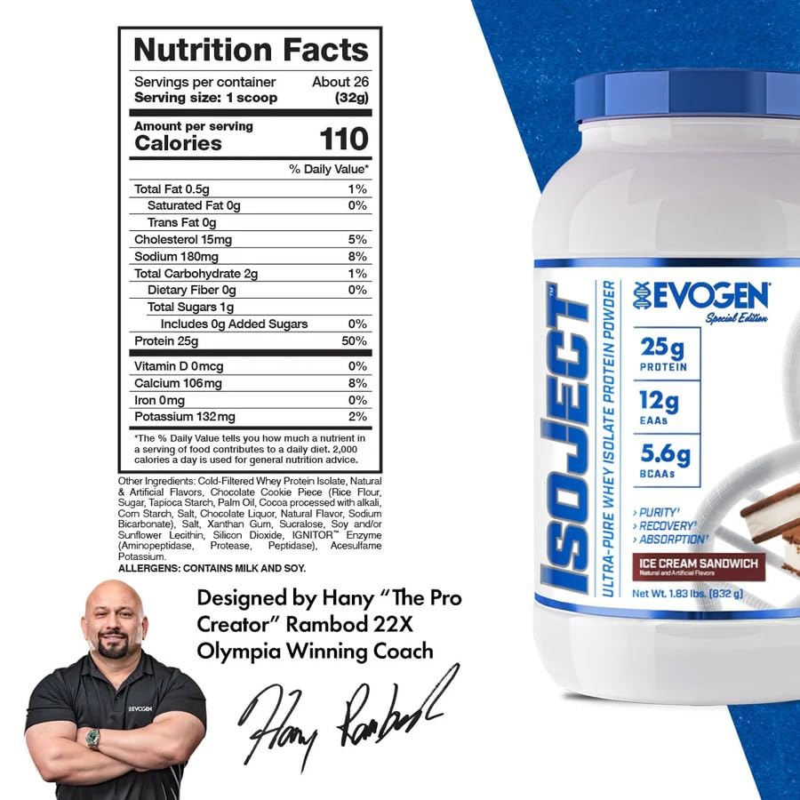 Evogen IsoJect Whey Protein Powder - Ice Cream Sandwich Flavor 832g (1.83 lb) for Muscle Recovery & Post-Workout Nutrition | Gym Supplements & Bodybuilding Essentials