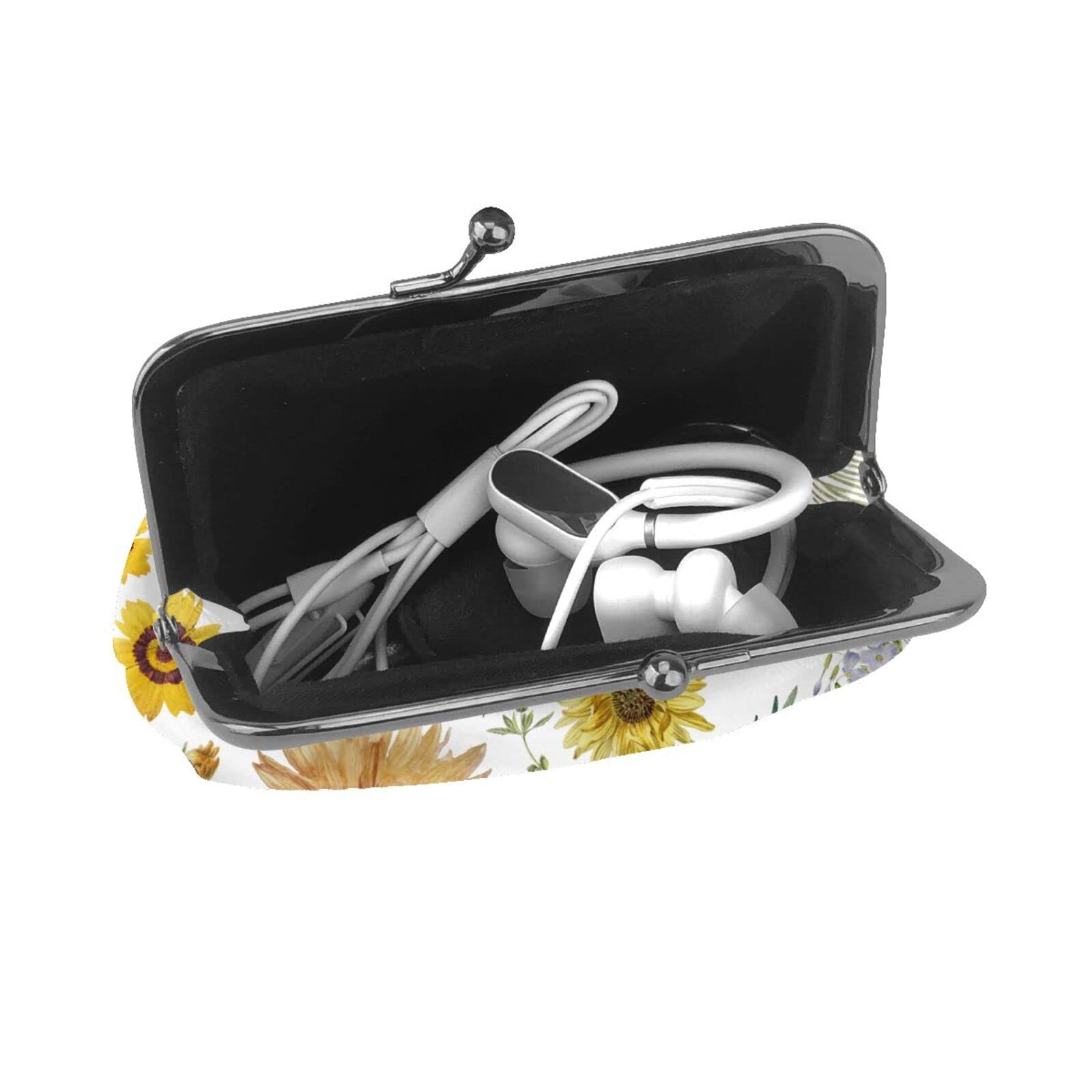 Stylish PU Leather Buckle Coin Purse with Chrysanthemum & Sunflower Floral Design - Girls' Kiss-Lock Change Wallet for Everyday Use, Travel & Gift Giving