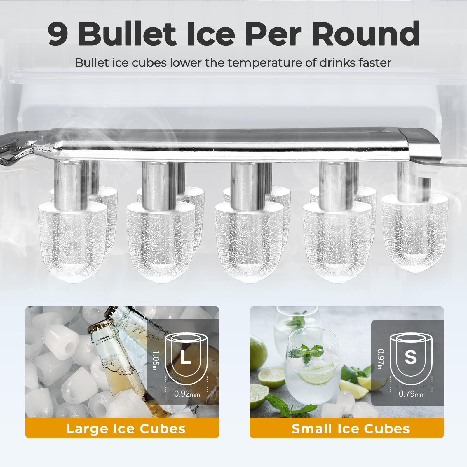 Portable Self-Cleaning Countertop Ice Maker Machine - 9 Cubes in 6 Minutes, 26.5lbs/24h Output - 2 Ice Cube Sizes (Bullet & Cube) with Scoop & Basket - Perfect for Home Kitchen, Office, Bar, Parties & Outdoor Events (White)