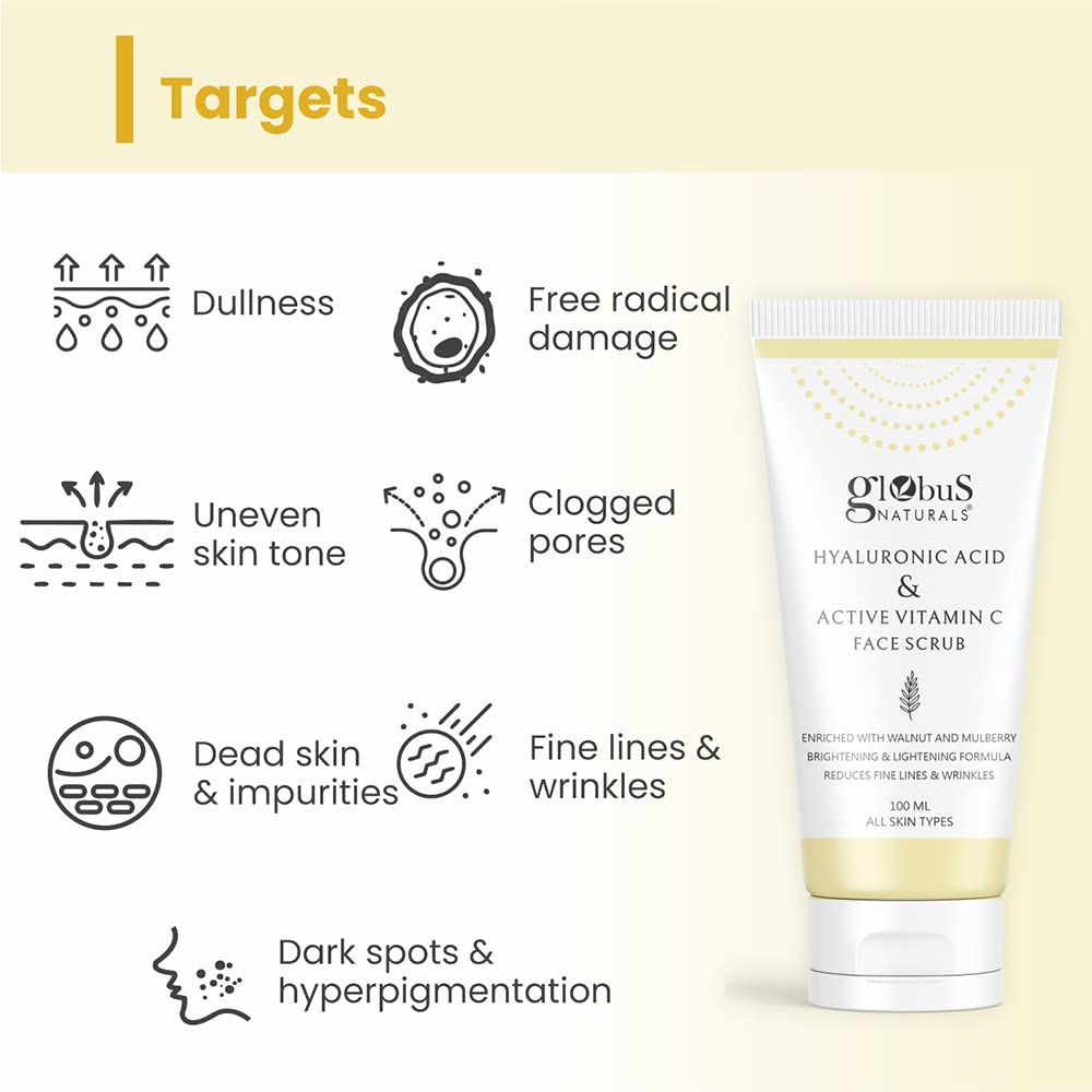 Globus Naturals Vitamin C & Hyaluronic Acid Anti-Aging Face Care Set - Brightening Facial Wash, Moisturizing Cream & Exfoliating Scrub (3-Piece Skincare Routine for Glowing Skin) - Perfect for Morning & Night Use, Travel-Friendly Skincare Kit