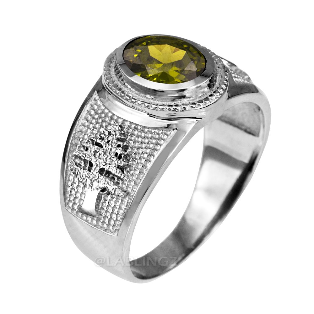 14K White Gold Cedar Tree Ring with August Birthstone & CZ for Elegant Occasions