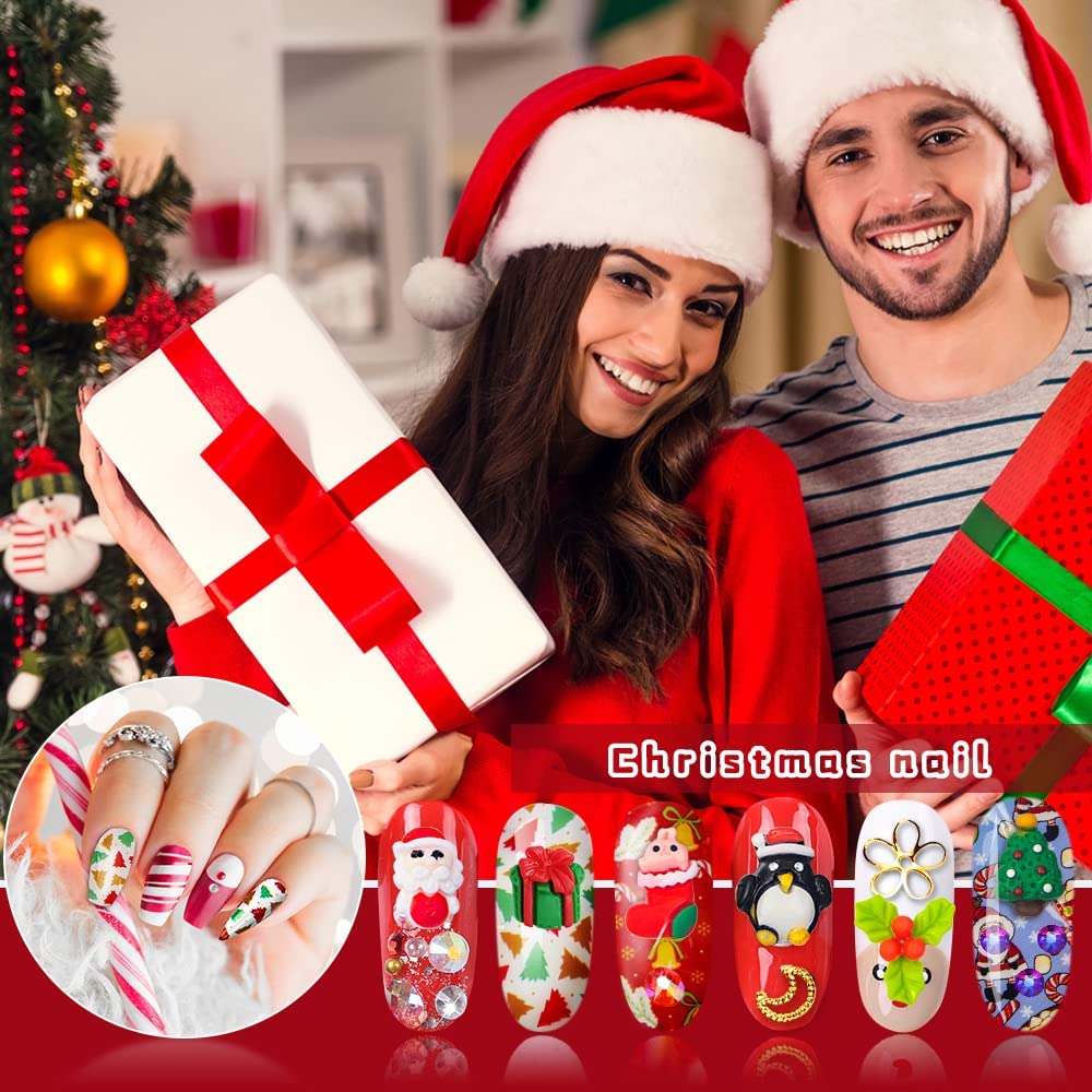 Christmas Nail Art Rhinestones Kit - 3D Reindeer, Bells, Trees Resin Charms with Foil Sequins for DIY Nail Decoration | Includes Wax Pen & Tweezers | Perfect for Holiday Parties, Gift Giving & Festive Nail Designs