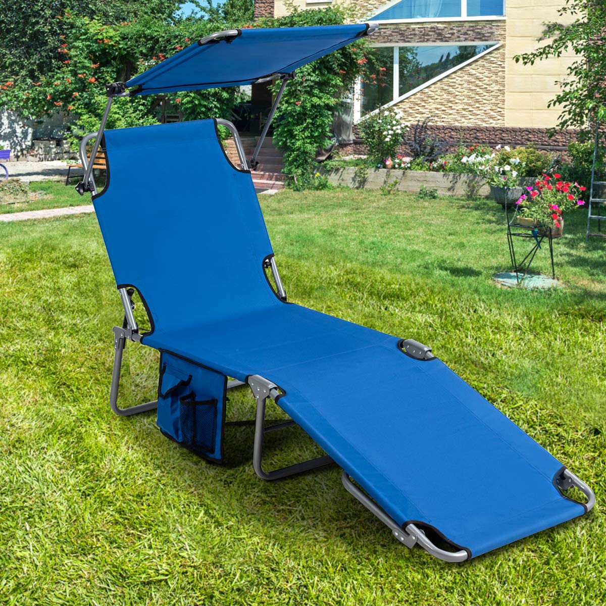 Giantex Adjustable Tanning Chair with Canopy & Storage - 5-Position Patio Chaise Lounge, Foldable Beach Chair for Poolside, Lawn, Camping & Outdoor Sunbathing (Navy, 2-Pack) - Perfect for Backyard Relaxation, Vacation Getaways & Beach Trips