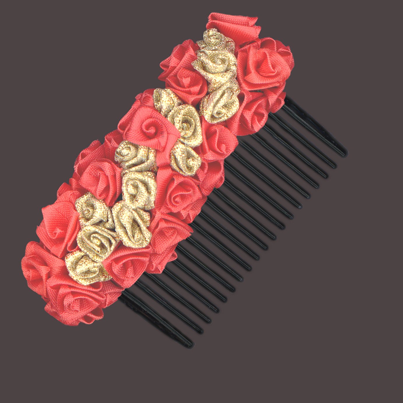 Elegant Red and Gold Rose Hair Comb - Traditional Gajra Style Bridal Hair Accessory for Weddings, Parties & Special Occasions
