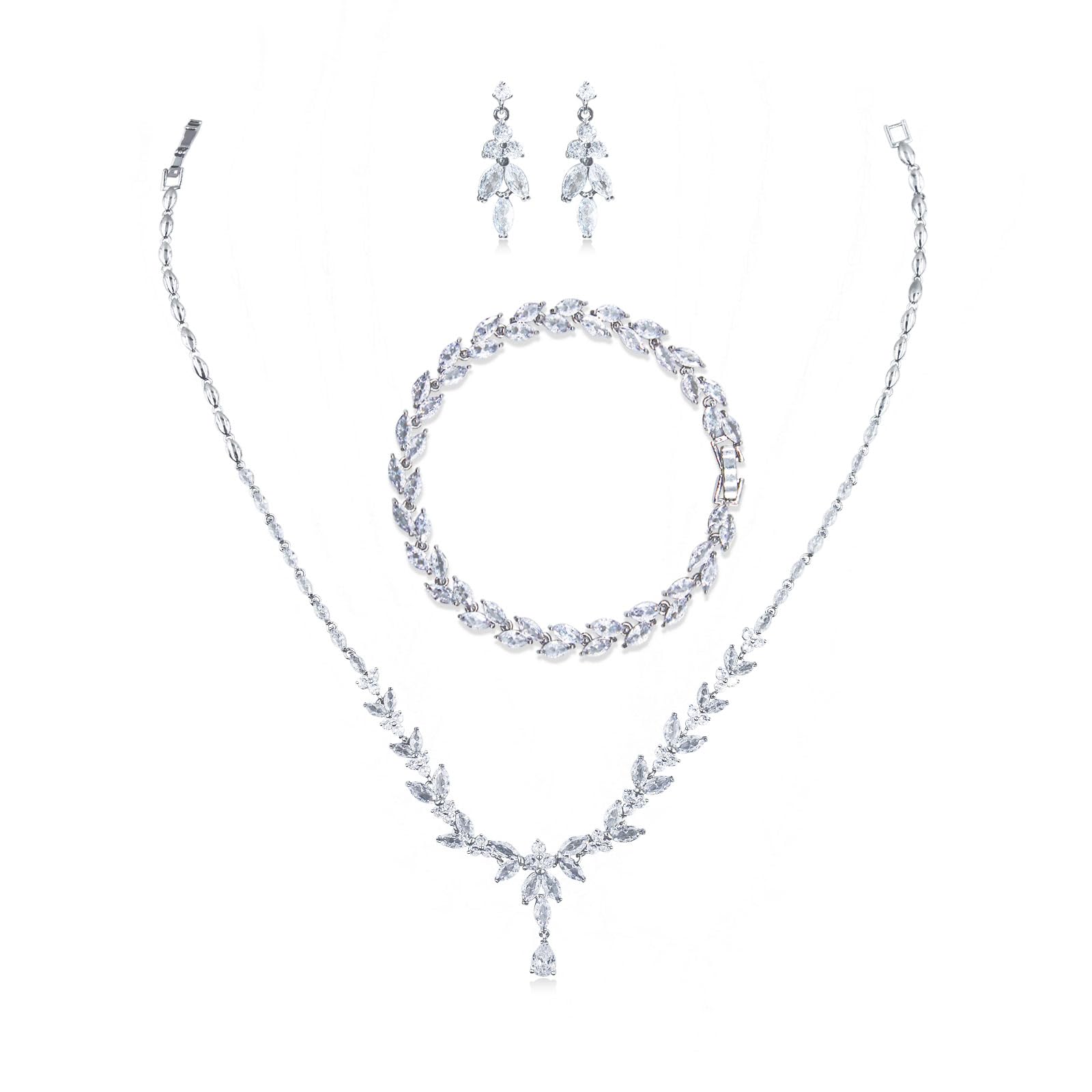Elegant Silver Plated Women's Jewelry Set - Necklace & Earrings with Cubic Zirconia | Bridal Wedding Party Accessories | Perfect for Weddings, Anniversaries & Special Occasions