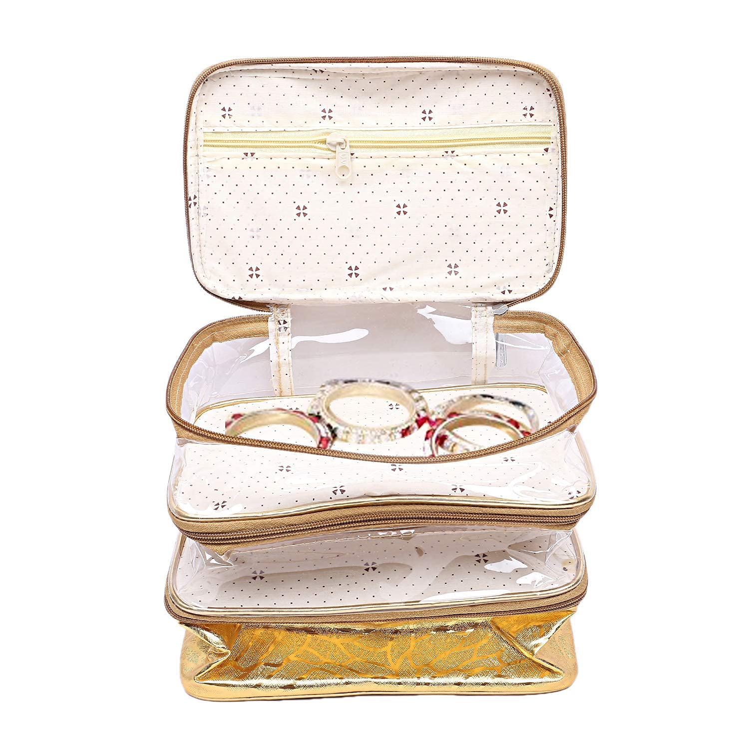 Kuber Industries 3-Layer Travel Cosmetic Bag - Waterproof Makeup Organizer for Toiletries (2 Pack, Gold) | Perfect for Travel, Gym & Daily Use