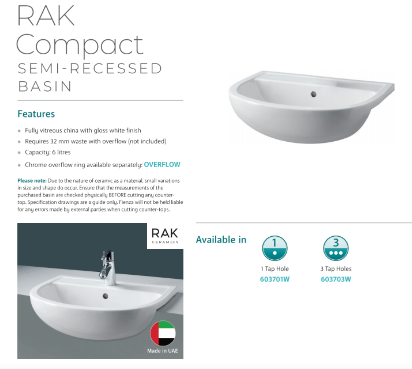Fienza 603701W White Ceramic Compact Bathroom Sink - Semi Recessed RAK 1 Tap Hole Basin for Small Spaces | Perfect for Powder Rooms, Guest Bathrooms & Tiny Homes
