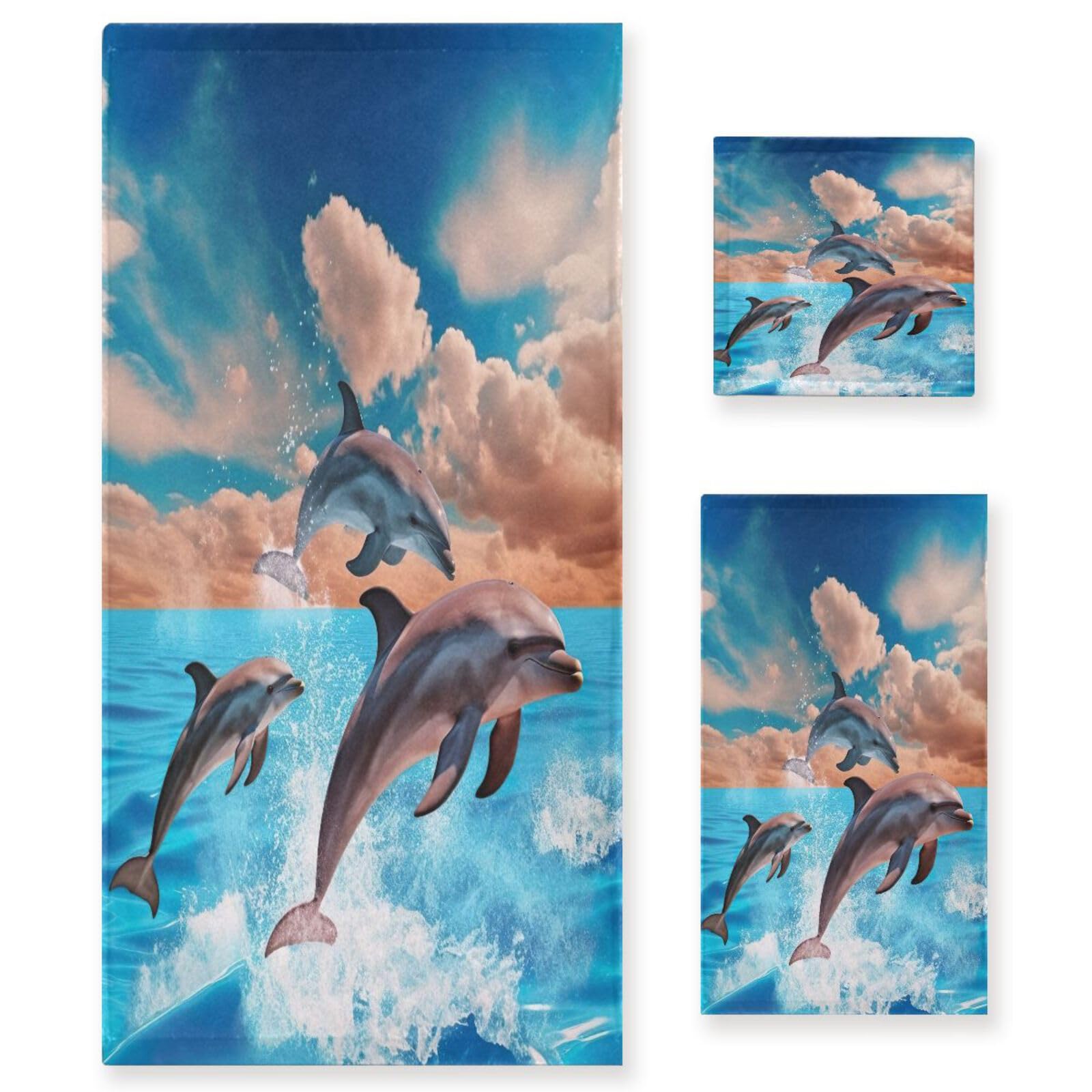 Qilmy Funny Dolphin Bath Towels Set - Ultra Absorbent & Soft 3-Piece Towel Set for Home, Spa & Hotel Decor | Perfect for Bathroom, Beach & Poolside Use