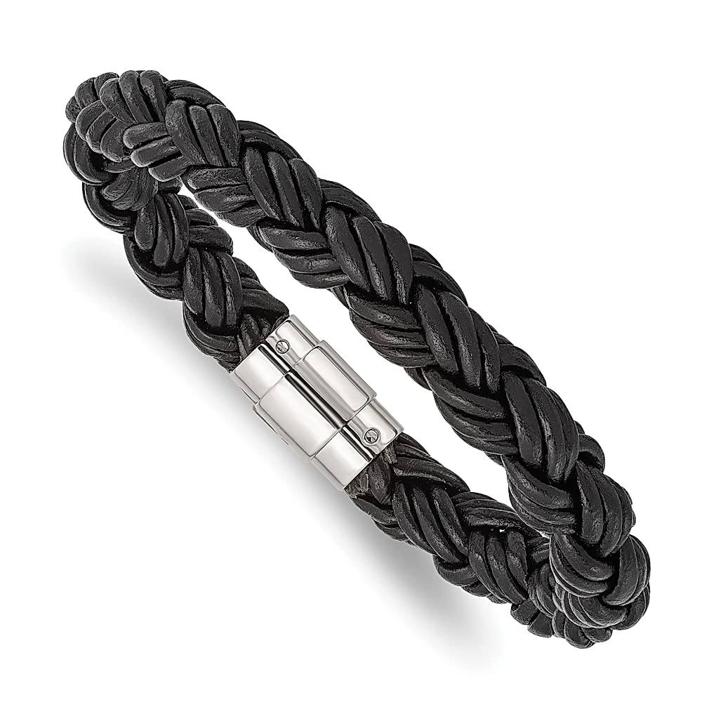 ICE CARATS 8.5 Inch Stainless Steel Twisted Black Braided Leather Bracelet - Contemporary Cord Leatrubber Fashion Jewelry for Women | Perfect Gift for Her, Birthday, Anniversary & Everyday Wear