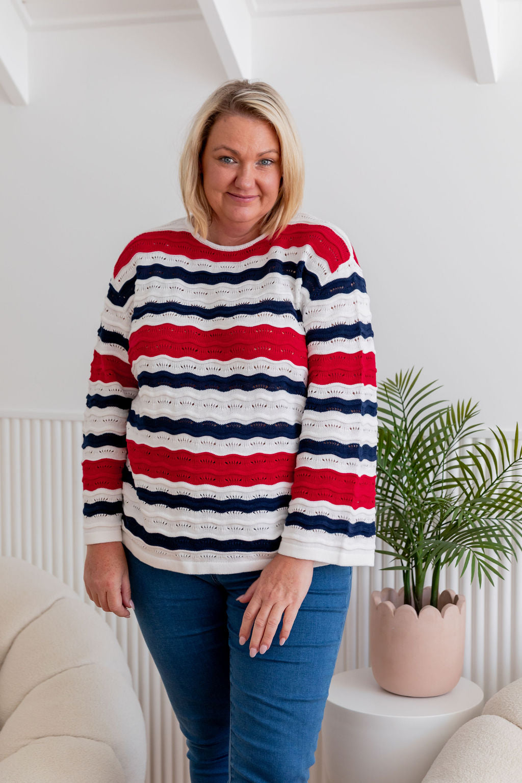 Nautical Waves Knit Sweater - Stylish & Comfortable Pullover for Women | Perfect for Casual Outings & Beach Vacations