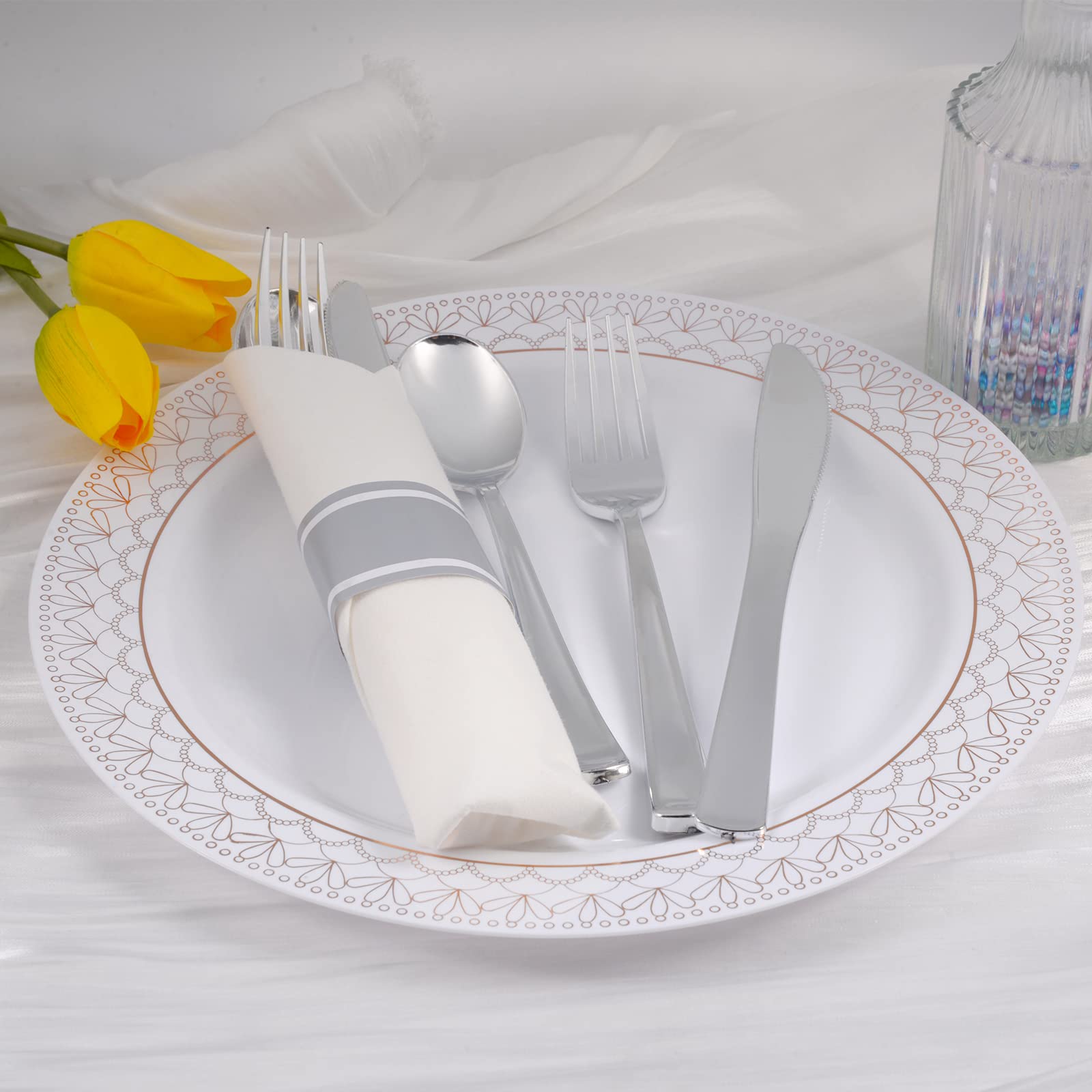 720-Piece Pre-Rolled Silver Plastic Cutlery Set - 180 Pack Disposable Silverware with Napkins | Bulk Disposable Silverware for Parties, Weddings & Catering Events