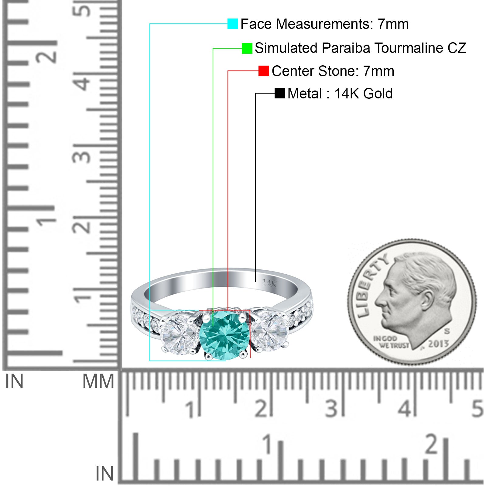 14K Yellow Gold Three Stone Round Paraiba Tourmaline & CZ Ring for Women - Elegant Bridal, Anniversary, or Gift Jewelry for Special Occasions