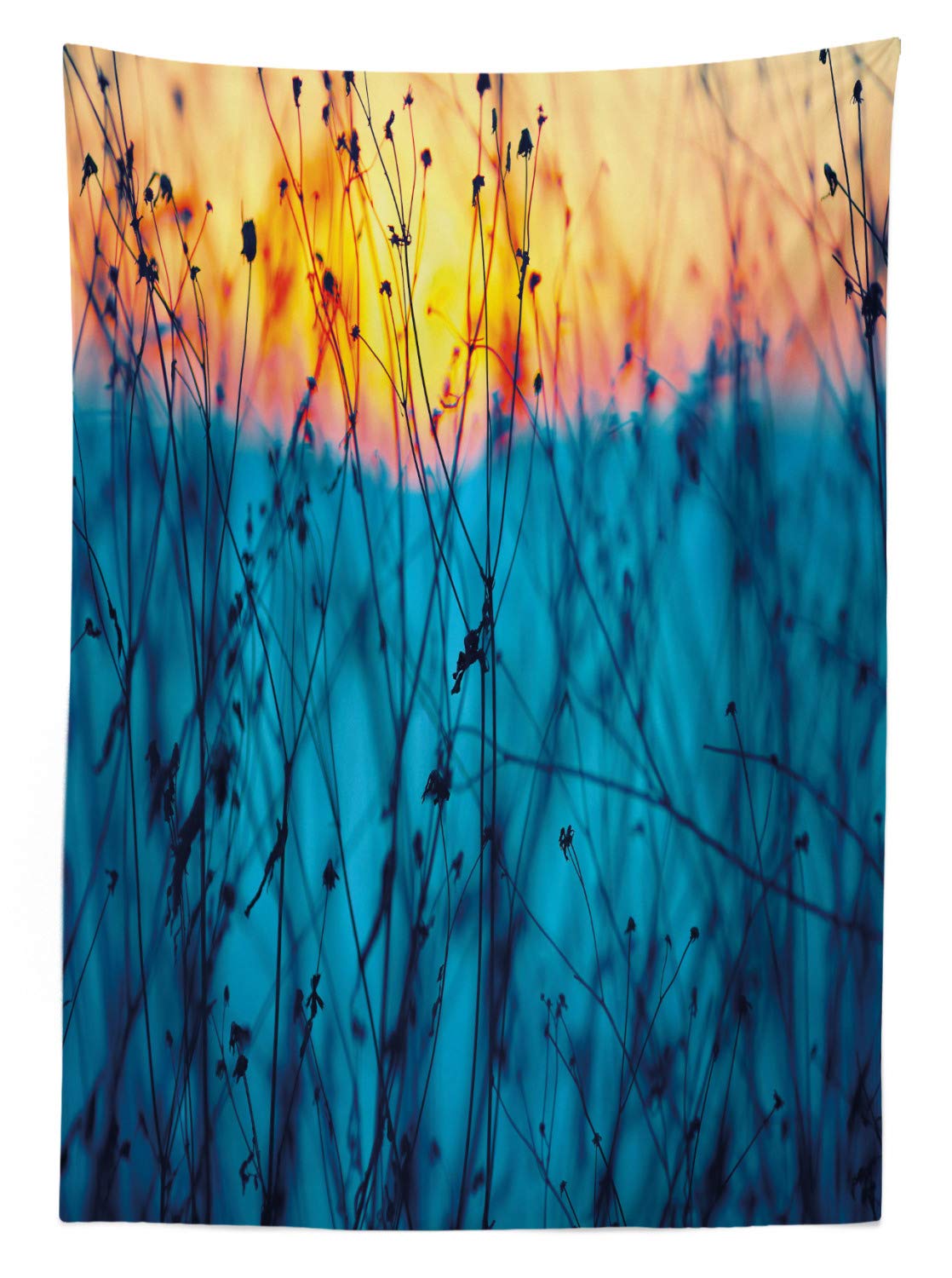 Ambesonne Washable Outdoor Tablecloth - Dried Flowers & Twigs Sunset Scenery Design, Autumn Field Print, 58