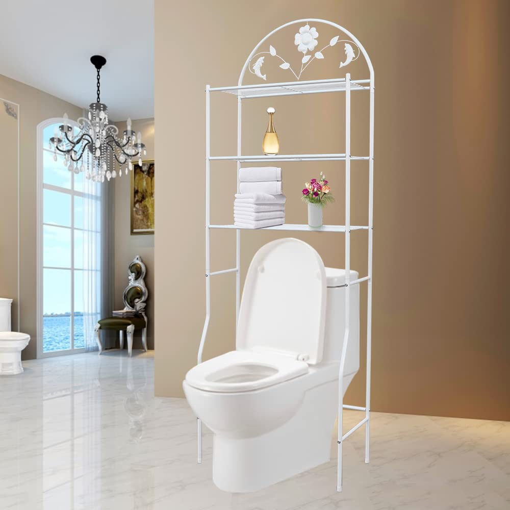 LYNICESHOP 3-Tier Over The Toilet Storage Organizer - Heavy Duty Iron Bathroom Shelf Rack with Space Saving Design, Free Standing Toilet Organizer for Bathroom Essentials (White) - Perfect for Small Bathrooms, Apartments & Powder Rooms