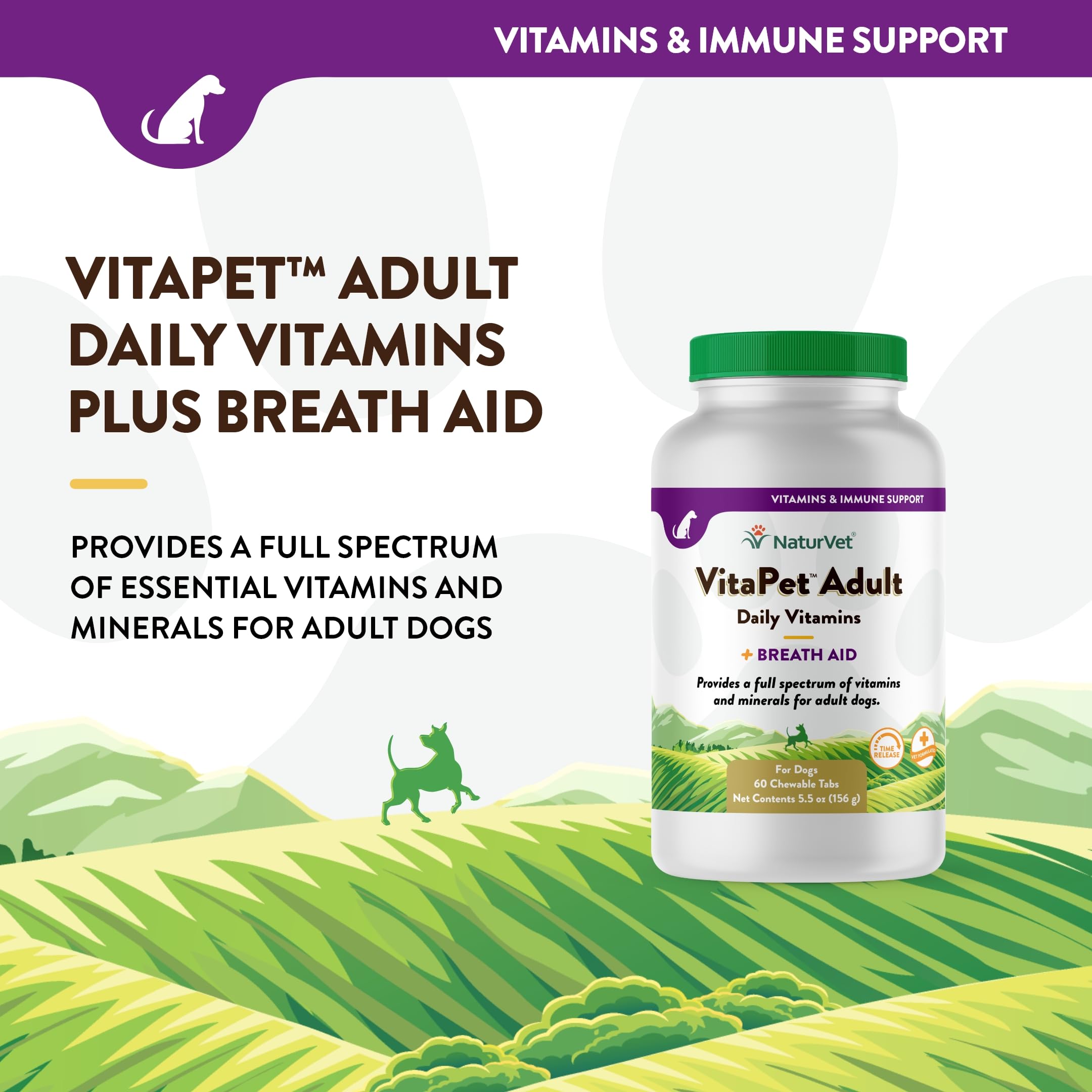 NaturVet VitaPet Adult Daily Multivitamin for Dogs with Breath Freshener - Complete Vitamin & Mineral Supplement with Omega-6, Parsley - Supports Overall Health for Dogs 1+ Years (60 Count) - Perfect for Daily Nutrition & Oral Care